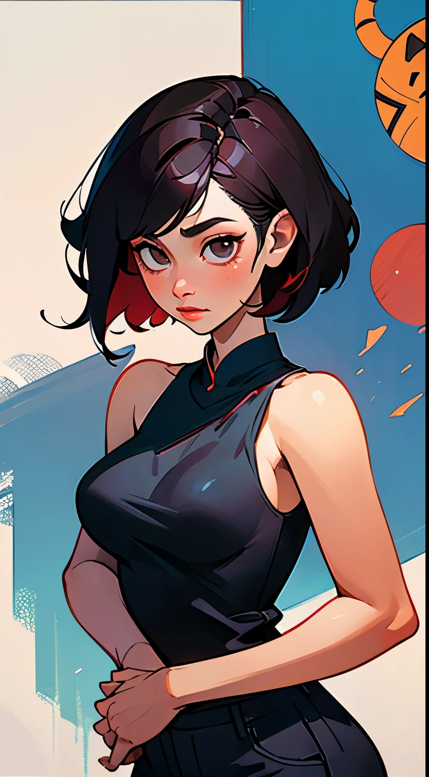 ((best quality)), ((artwork)), (detailed: 1.4), Beautiful woman, Asian, short black sleeveless t-shirt, black pants lagging, short black hair with red highlights, paint, (Alone), Realistic, ((artwork)), (best quality), (detailed), (1 girl), Big Breasts, sexy, Thick, below breasts