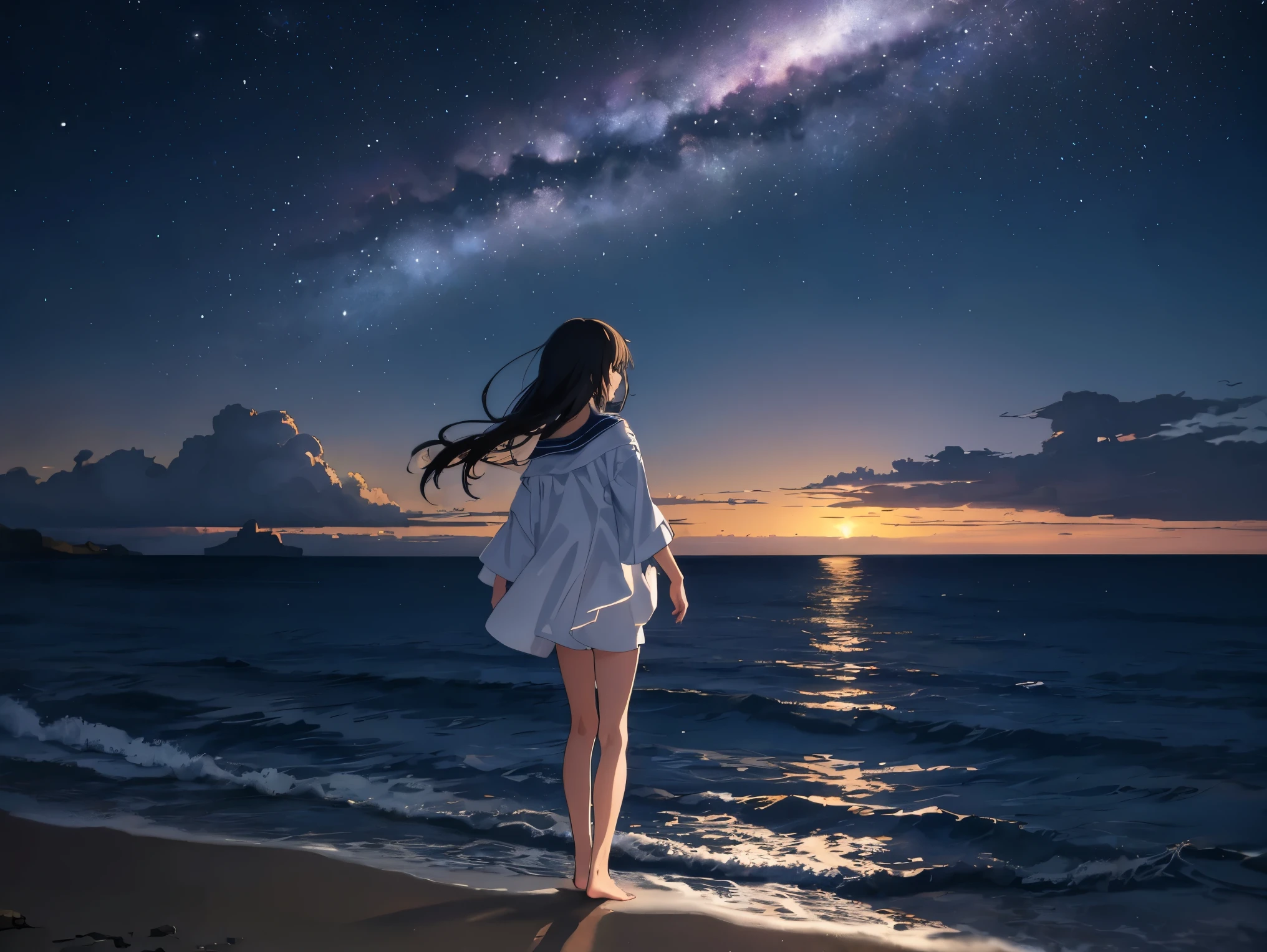 ((masterpiece, highest quality、anime style)), At night, thin clothes, girl, Dip one foot into seawater with just the toe, girl standing, girl sideways, girl between the horizon and the sea, view from the side, Ripples spreading from the toes, The site is approximately 20 meters away, on the sea, At night, the whole scene shines, There is a meteor shower