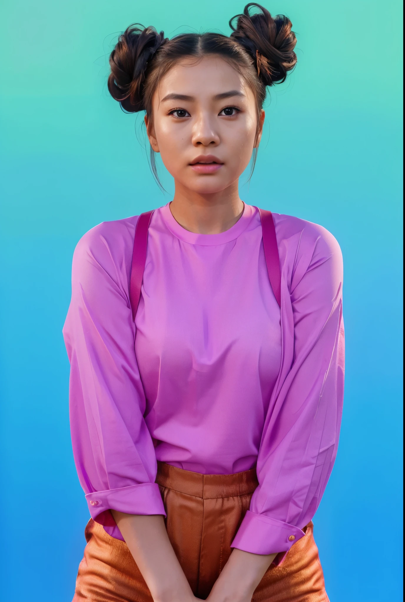 A asian girl with two bun hairstyle, wearing a pink shirt and suspenders, looks scared. Satin skin with natural texture, ultra realistic hyper realistic body skin texture ultra realistic a girl with long brown bun hairstyle, wearing a bright shirt, stretches out her hands. She has a frightened expression on her face, perfect smooth skin. with long brown hair bun hairstyle, smoot, multiple light sources, rim light, sharp post effects render, perfect cgi, digital art, detailed digital art, reflective, best quality, 4k, masterpiece:1.2, ultra-detailed, realistic, vivid colors, dark and moody lighting, The image of the highest quality, ensuring every detail showcased perfectly. It in 4k resolution, allowing viewers to immerse themselves in the richness of the colors and intricate details. The realistic rendering. under the spotlight, reflecting, high-resolution image, realistic rendering, dark background, and rim light