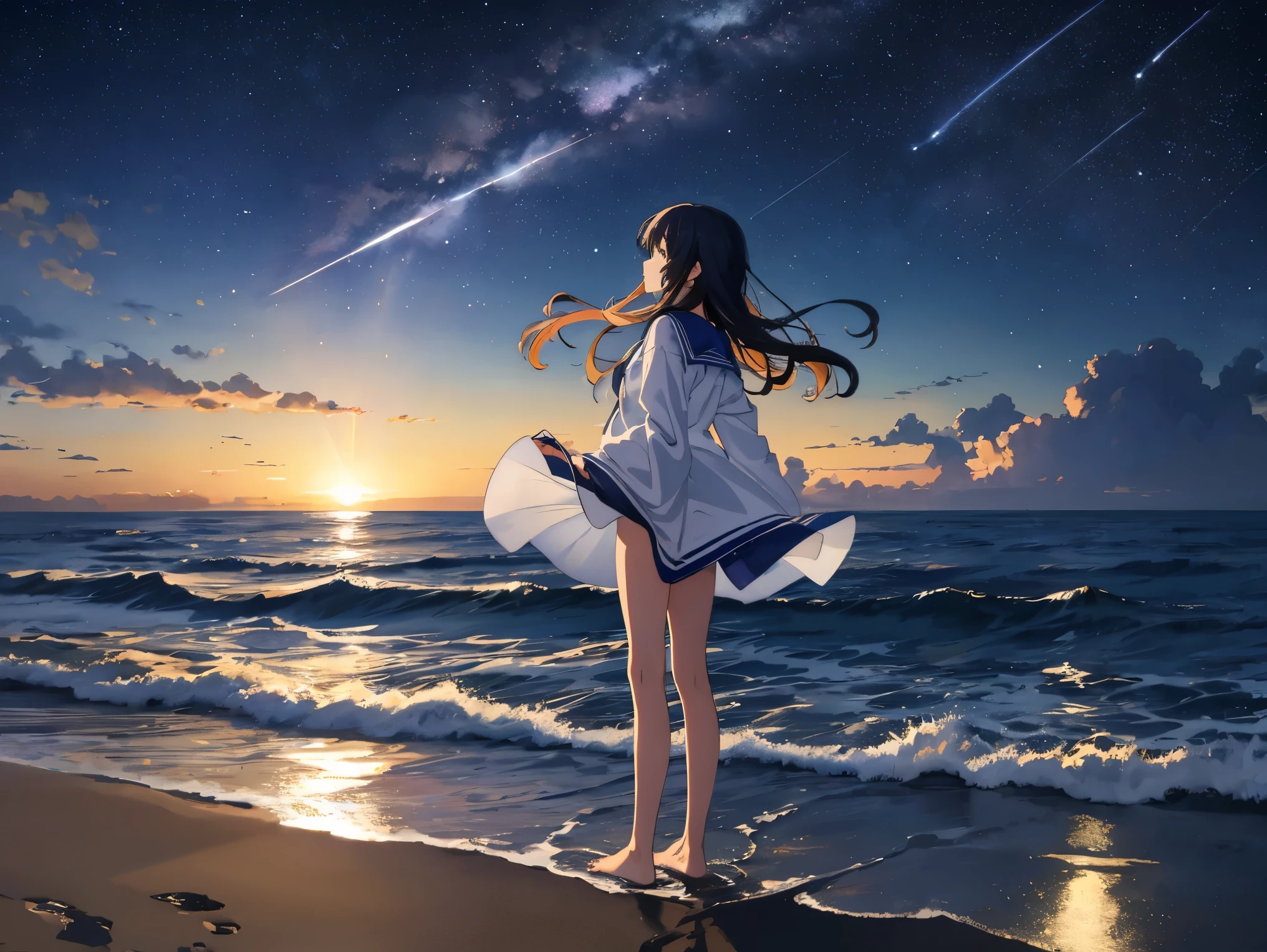 ((masterpiece, highest quality、anime style)), At night, thin clothes, girl, Dip one foot into seawater with just the toe, girl standing, girl sideways, girl between the horizon and the sea, view from the side, Ripples spreading from the toes, The site is approximately 20 meters away, on the sea, At night, the whole scene shines, There is a meteor shower