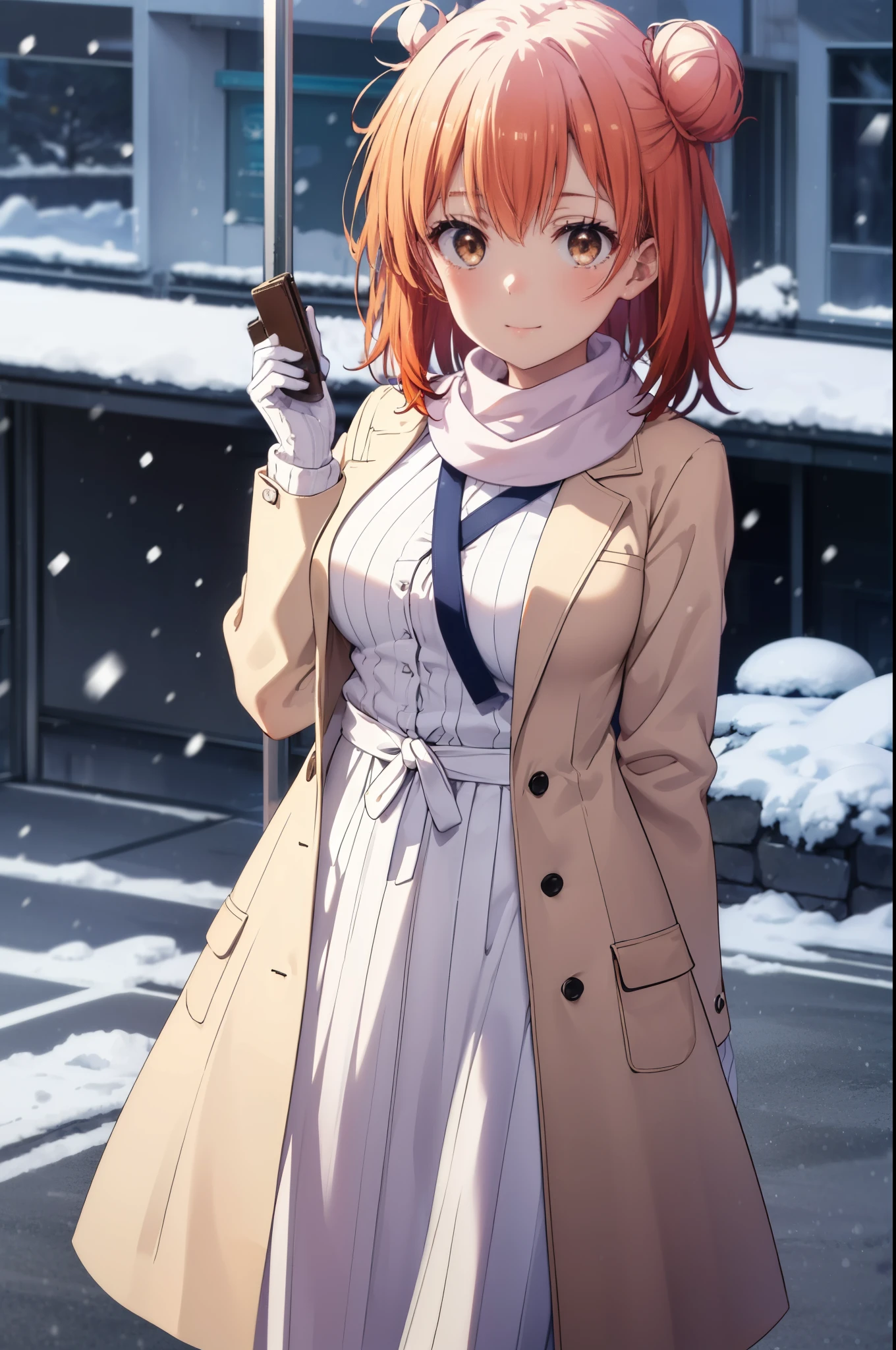 yuiyuigahama, yui yuigahama, long hair, (brown eyes:1.5), (orange hair:1.2), bun hair, single bun hair, smile, (big breasts:1.2),pink long coat　There is an open front,red muffler,white sweater,long skirt,Mini Boots,Chunky gloves,It&#39;s snowing,snow is falling,winter,cold sky,
break outdoors,In town ,building street,
break looking at viewer, (cowboy shot:1.5),
break (masterpiece:1.2), highest quality, High resolution, unity 8k wallpaper, (figure:0.8), (detailed and beautiful eyes:1.6), highly detailed face, perfect lighting, Very detailed CG, (perfect hands, perfect anatomy),