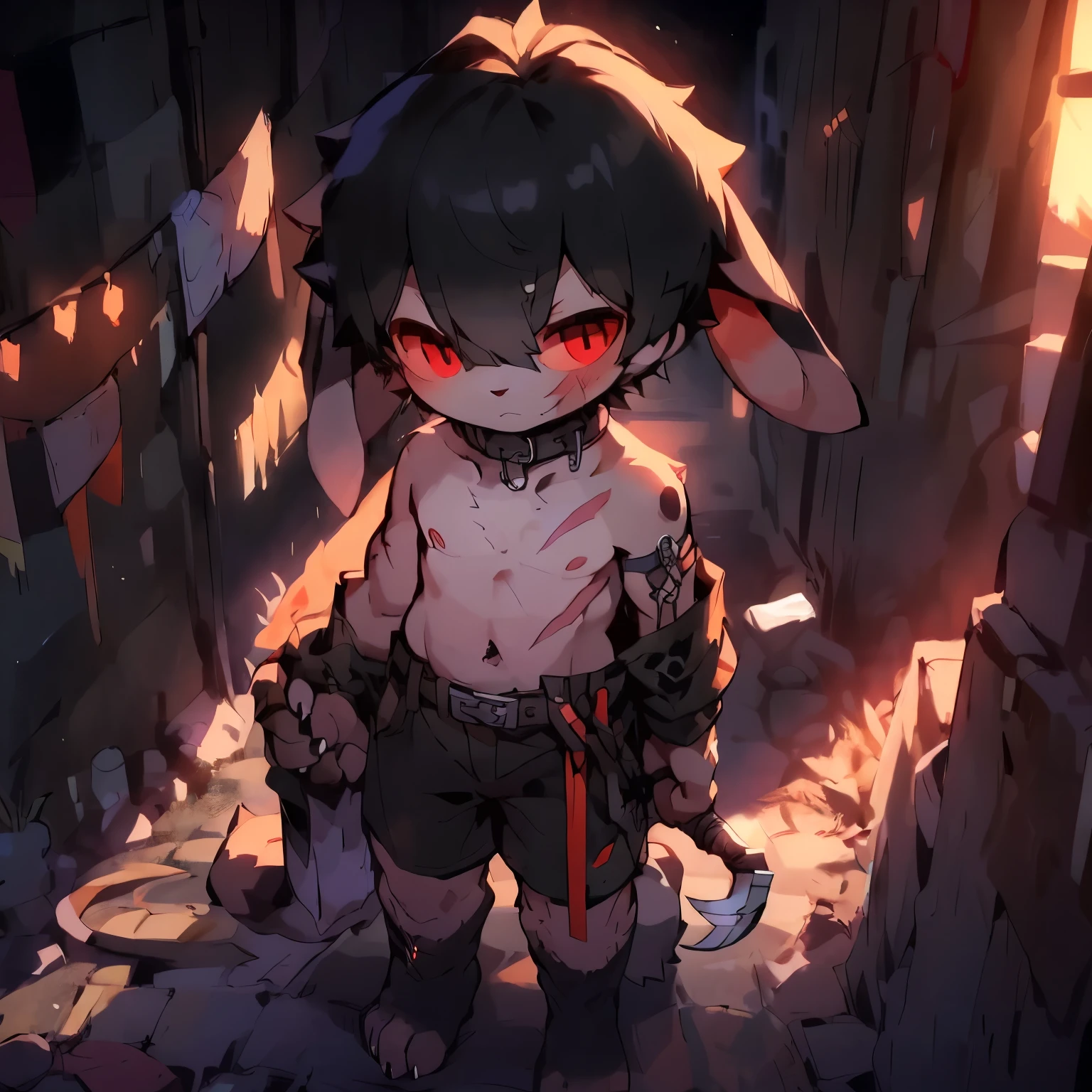 best quality，masterpiece，((the only person))，((my own))，hairy，Kanno，shorts，sock，belt，leg rings，(short)，（**********)，((straight ear))，((black hair，no ears，Rabbit facial features，Rabbit physical characteristics))，red eyes，Shota，juvenile（rabbit tail），so cute，kawaii，Moon Ibrahimovic，Umbreon，（Rabbit feet），alley，sickle，dagger，scar，Covered in bruises，paw，Upholstered，hand weapon，collar