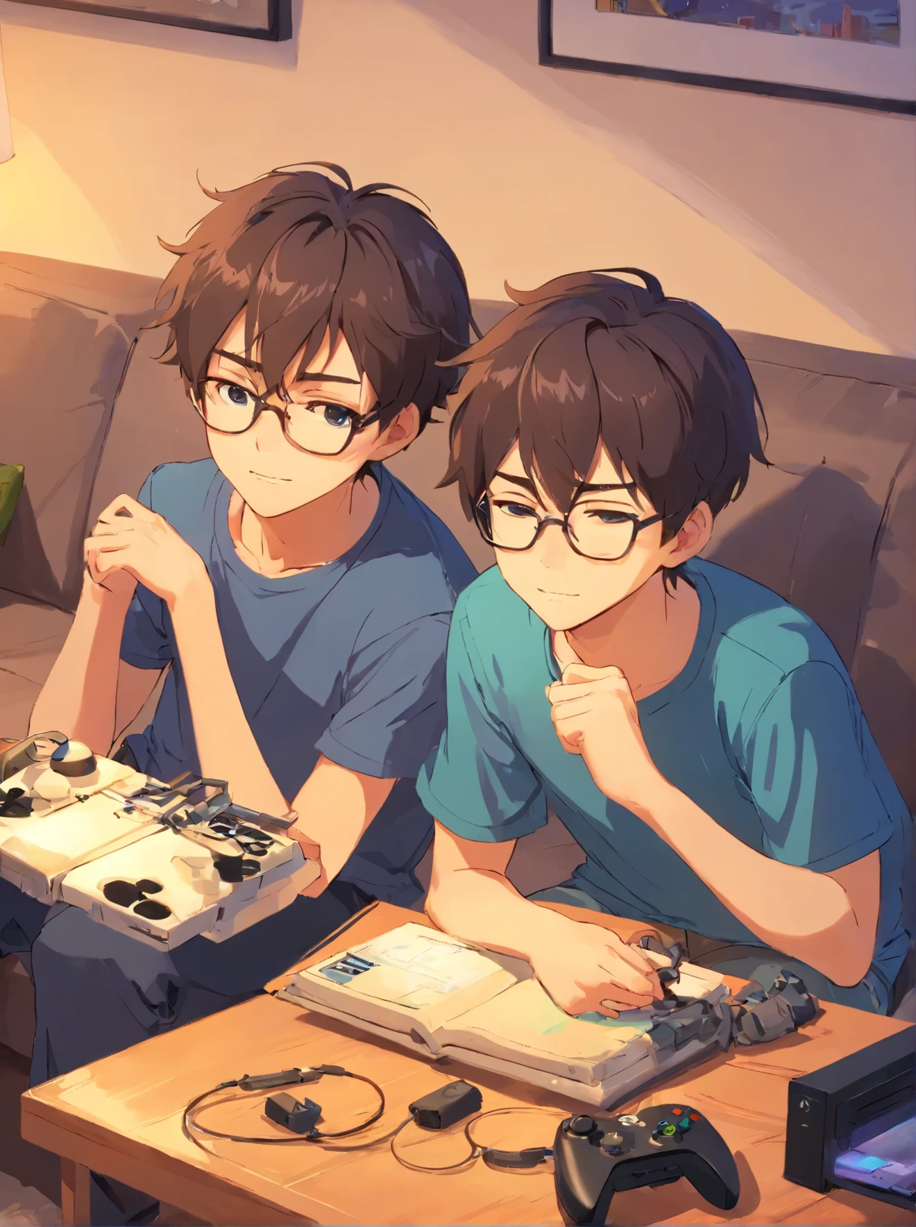 two boys，brother，Playing games on the couch at home，All wearing glasses，xbox，handle