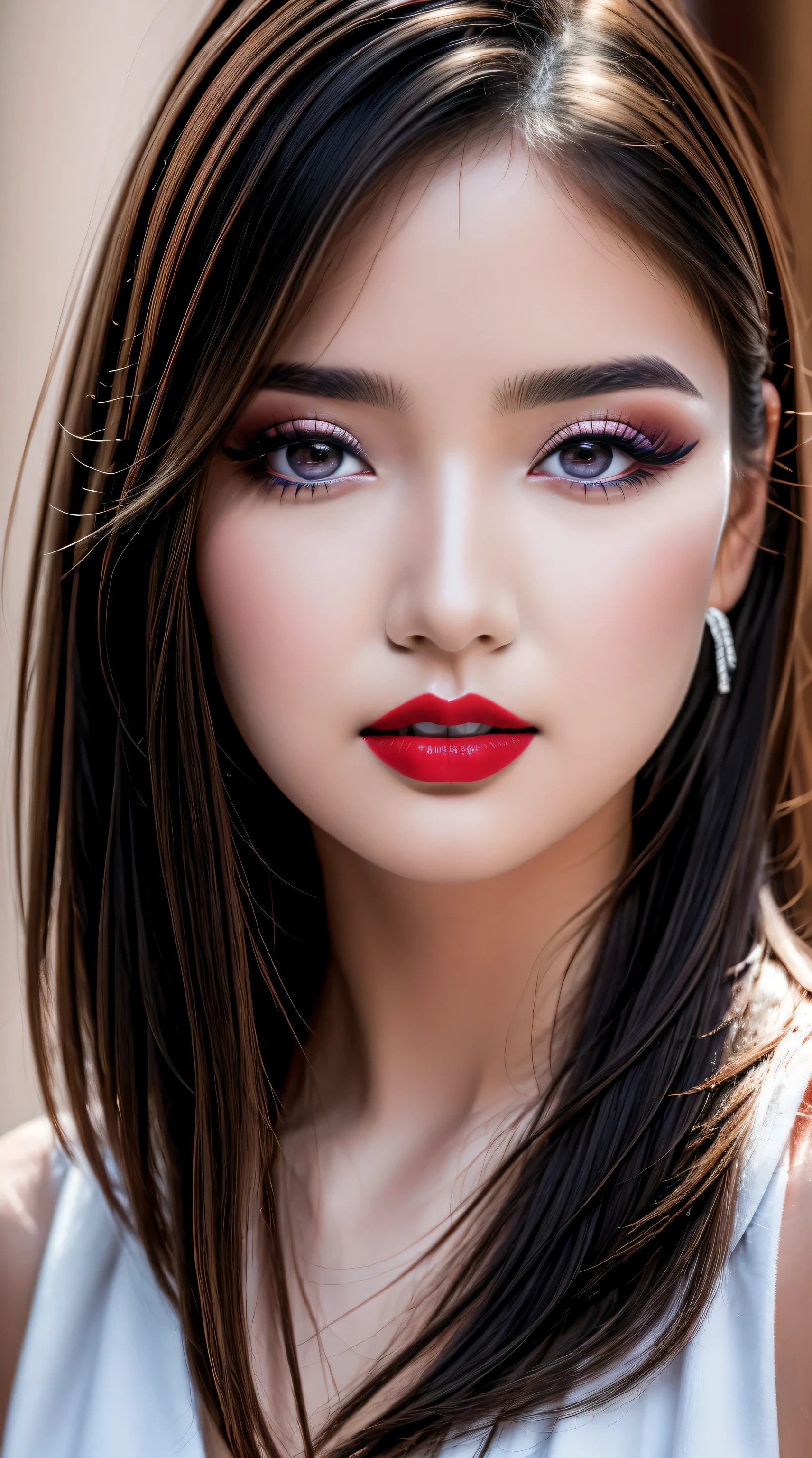 (ultra-detailed primetime portraits)、 ((Ultra-realistic最high quality、 8K、 The ultra -The high-definition))、(beautiful face:1.6)、(detailed face:1.6)、(detailed eyes:1.45)、(detailed lips:1.3)、(Detailed nose:1.2)、1girl:1.3 22years old、fashion supermodel、real:1.5、photorealistic:1.5、very delicate and beautiful、((masterpiece)), ((absurdres))、 ((sharp fous))、(Glamour, paparazzi taking pictures of her)、((small head: 1.4))、(light dark short hair、extremely detailed)、 contrast、 Long blue_eyelashes:1.3、 (dark_eyeshadows:1.3)、 (red_lipstick:1.32)、((perfect round eyes))、 (brown_eyes:1.4)、 purple_makeup:1.23、(matte skin:1.3)、(close-up face), 8K, UHD