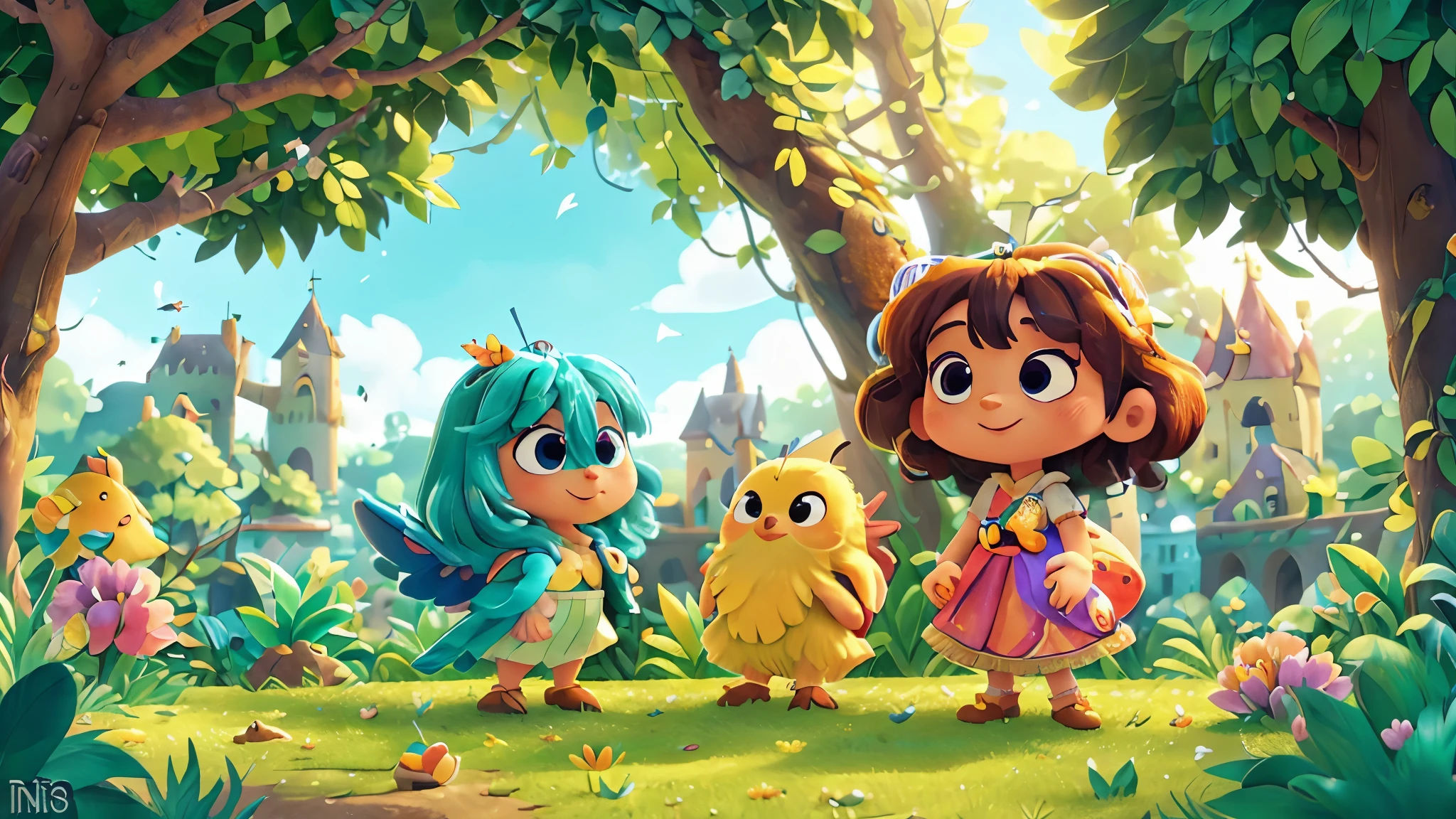a cartoon princess with a castle in the background, artificial intelligence princess, 000 - wikipedia, princess girl, michal, princes jasmin, 🎀 🧟 🍓 🧚, 8 k, 😃😀😄☺🙃😉😗, illustration », illutstration, loading screen, historical image, illustation, A cartoon bird with vibrant and colorful feathers, joyful expression, and big round eyes, surrounded by lush green trees and flowers. The bird is perched on a branch, with its wings spread wide, as if ready to take off into the sky. The feathers have a soft and fluffy texture, and the bird's beak is sharp and curved. The bird is the center of attention, and the background is filled with a clear blue sky and puffy white clouds. The image is of the best quality, with ultra-detailed feathers and a realistic, photorealistic rendering. The colors are vivid and vibrant, with a focus on warm tones. The lighting is bright and natural, with soft shadows casting on the bird and the surrounding foliage. [cartoon style]