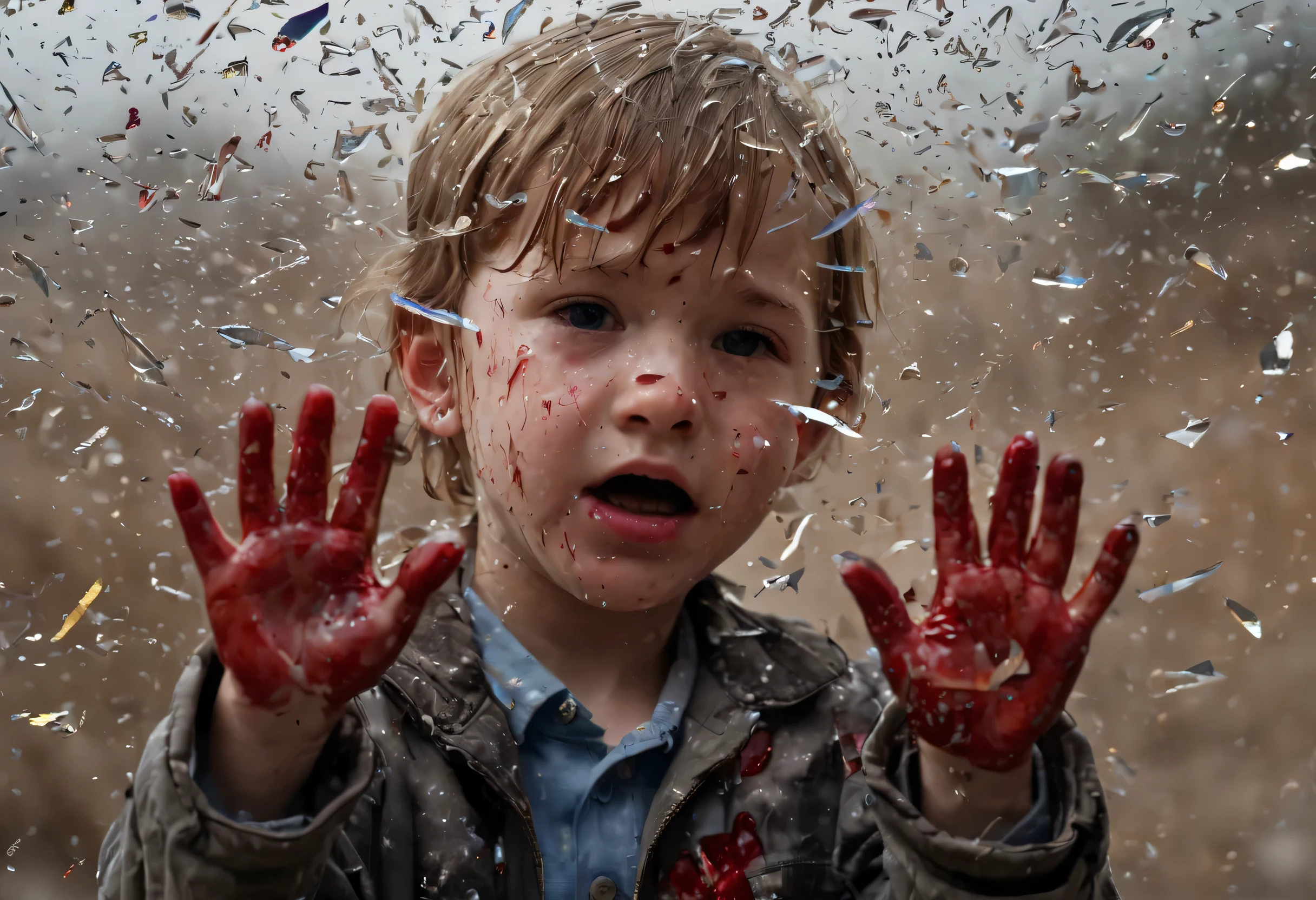 （best quality，Ultra-fine，Fidelity：1.37），child holding a hand，（sad，cry，tears：1.37），Red viscous liquid oozes from the scratches on the face，close up。bullets flying through the air，broke the glass。Instant capture，penetrating glass shards，Detailed bullet trajectories，slam，Shards of glass were scattered all over the place，There is debris in the air，slow motion freeze，high speed capture，dynamic chaos，Precise timing，flying debris，suspended in the air，dance clip，stained glass shards，refracted light，moving rapidly，translucent fragments，windows in fragments，