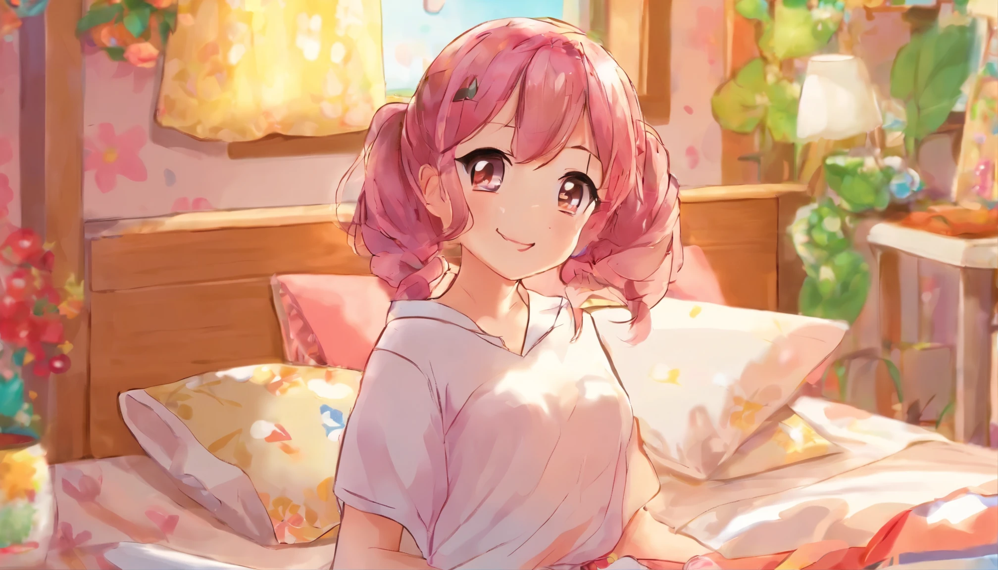 Pretty Girl, young Girl, long hair, hair bang, asian girl, big breast, wering big white shirt, wearing only shirt, off shoulder shirt, sit on the bed, crossed leg sit, white blanket, sunlight wash, windows light, cute bed room, colored inner hair, red hair, Ultra-Wide Angle, 8k