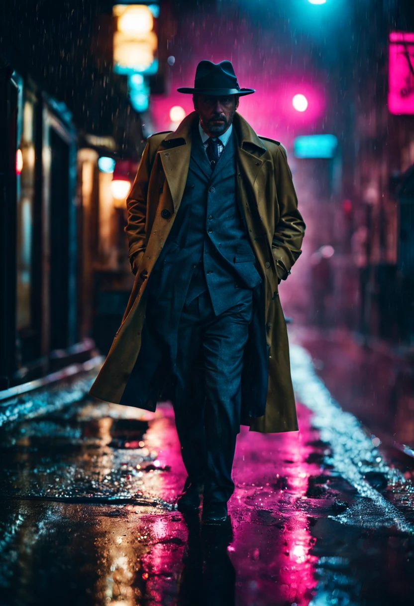 cinematic film still {Neon Noir Showdown: (masterpiece, 8K, UHD, photo-realistic:1.3), grizzled detective with (stubble and piercing blue eyes:1.1), (trench coat:1.2), fedora hat, in a rain-soaked alley, neon signs reflecting on puddles, tense standoff with shadowy figure, (vintage revolver:1.2), steam rising from the pavement, contrasting (neon pink and electric blue:1.1) lighting, close-up shot, side view, intense gaze, dramatic shadows, wet asphalt, moody and atmospheric, rain droplets mid-air, (anxious anticipation:1.1), detailed facial expressions} . shallow depth of field, vignette, highly detailed, high budget, bokeh, cinemascope, moody, epic, gorgeous, film grain, grainy