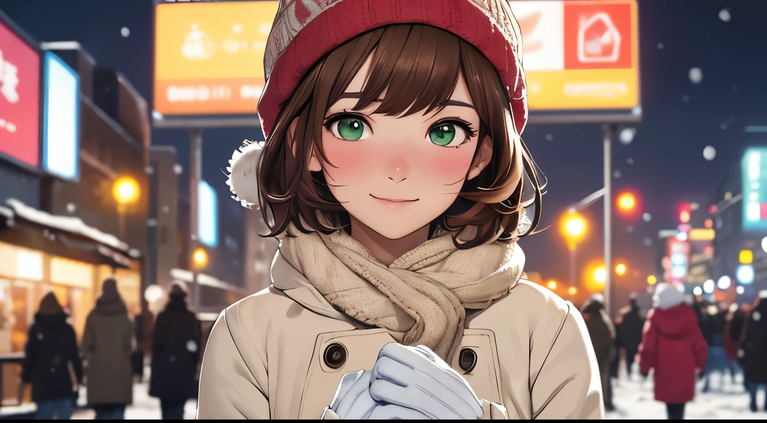 ((masterpiece, best quality, highres, UHD, perfect pixel, depth of field, 4k, RTX, HDR)), 1girl, single, solo, 24 years old, beautiful anime girl, beautiful artstyle, anime character, ((short hair, parted bangs, brown hair)), (green eyes:1.4, rounded eyes, beautiful eyelashes, realistic eyes), (detailed face, blushing:1.2), (smooth texture:0.75, realistic texture:0.65, photorealistic:1.2, cinematic, anime CG style), medium breasts, perfect body, busty, (dynamic angle, pov, close up), ((winter clothes, long coats, knit hat, mittens, gloves, long underwear)), night, city lights, bokeh:1.4, (outdoor, city buildings, crowd), ((winter, snowfall:1.8, the wind blows)), sly smile, graceful, prestigious, glorious, elegant