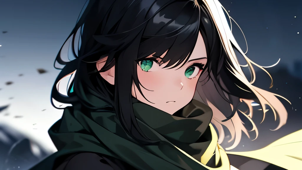 a girl with a black hair, green eyes and black outfit and in a white background, (1girl:0.872), (white hair:0.758), (blurry:0.926), (blurry background:0.703), (green eyes:0.562), (depth of field:0.625), (medium hair:0.855), (outdoors:0.541), (green scarf:0.989), (night sky:0.925), (solo:0.886), (upper body:0.683)