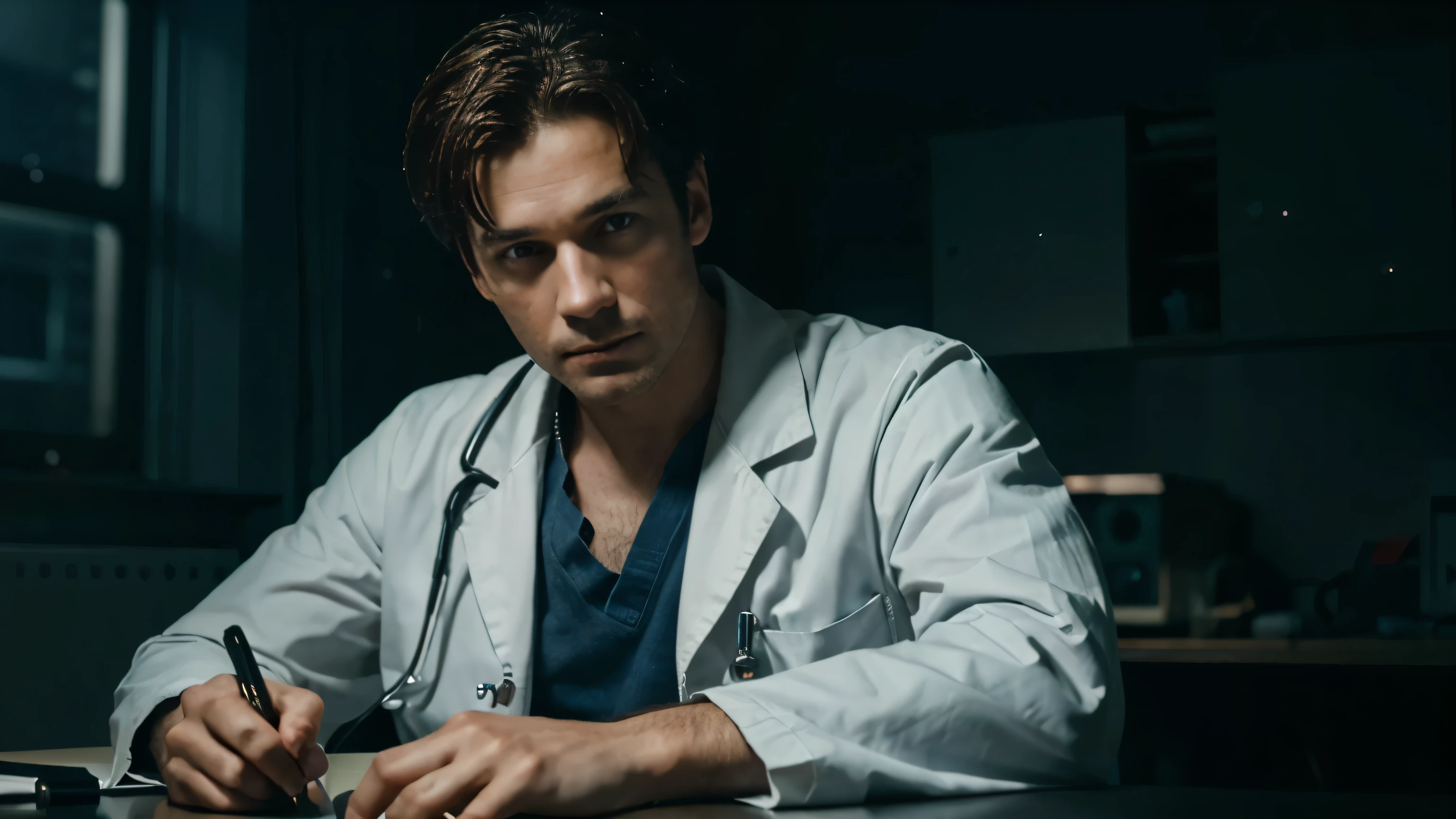 generate ultra realistic male doctor with sitting on the work table in the dark room looking in the camera and talking