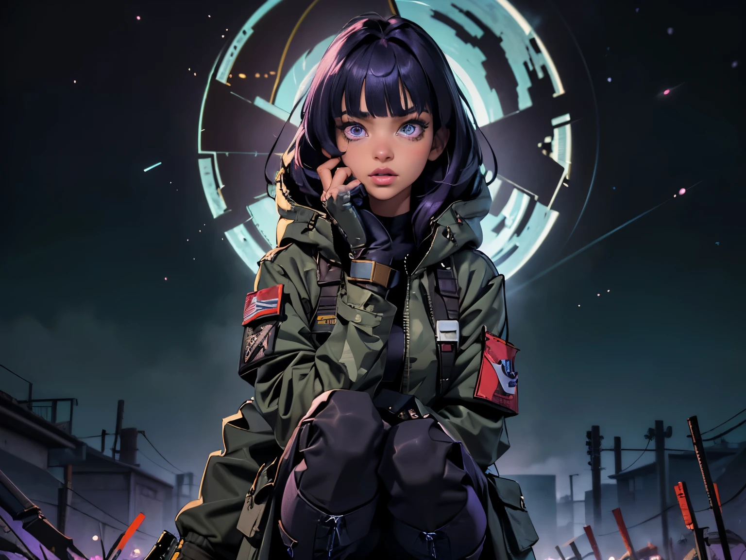 full body, 1girl、(Fluttering violet hair、beautiful dark-skinned Caribbean woman、A detailed face、Detailed facial contours、sharp outline、detailed purple eyes、Bright pupils、Gradient Eyes:1、finely detailed beautiful eye:1、Symmetrical eyes:1、big highlight on eyes:1.2)、Detailed hair strands、ripped muscular abdominals、breasts are very small in size、Glossy lips、Three-dimensional large round nose、Three-dimensional lips、(asymmetrical bangs、Long violet hair、disheveled hair)、(digital camouflage Army Pants、rebel Military、open wool-lined coat jacket with furry hood、tattered parka with bullet holes、hand gloves、Army Boots、Tactical Holster、HK mk.22、Holding a tarnished pistol)、(Fine fingers、detailed arms、detailed human hands)、(in 8K、top-quality、masterpiece、ighly detailed、 professional lighting、Near and far law、(lighting large pyre during sci-fi cannabis indica village plant festival)、(High dynamic range)、sharp focus:1。4、(Hyper-detailing、finedetail)、