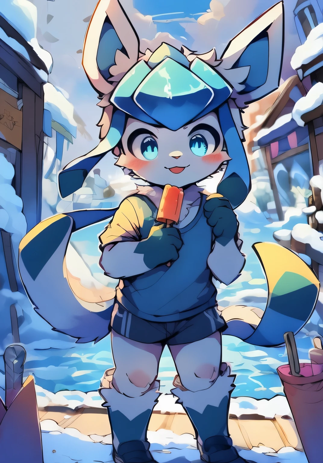 masterpiece, high quality, number \(artwork\),(fluffy fur,Character focus:1.1), Ice Ibrahimovic,Glaceon,whole body, Shota, boy,Proud young man,Bright Eyes,panoramic,Character focus.(Detailed background:0.7),alone,hairy的 male ,male focus,Hana Charcoal,eyes are very bright, panoramic, Character Focus Solo, hairy, hairy的Shota,blue eyes,Wearing a blue swimsuit,one-piece swimsuit,young style,charming,long tail,Snow,eat popsicles