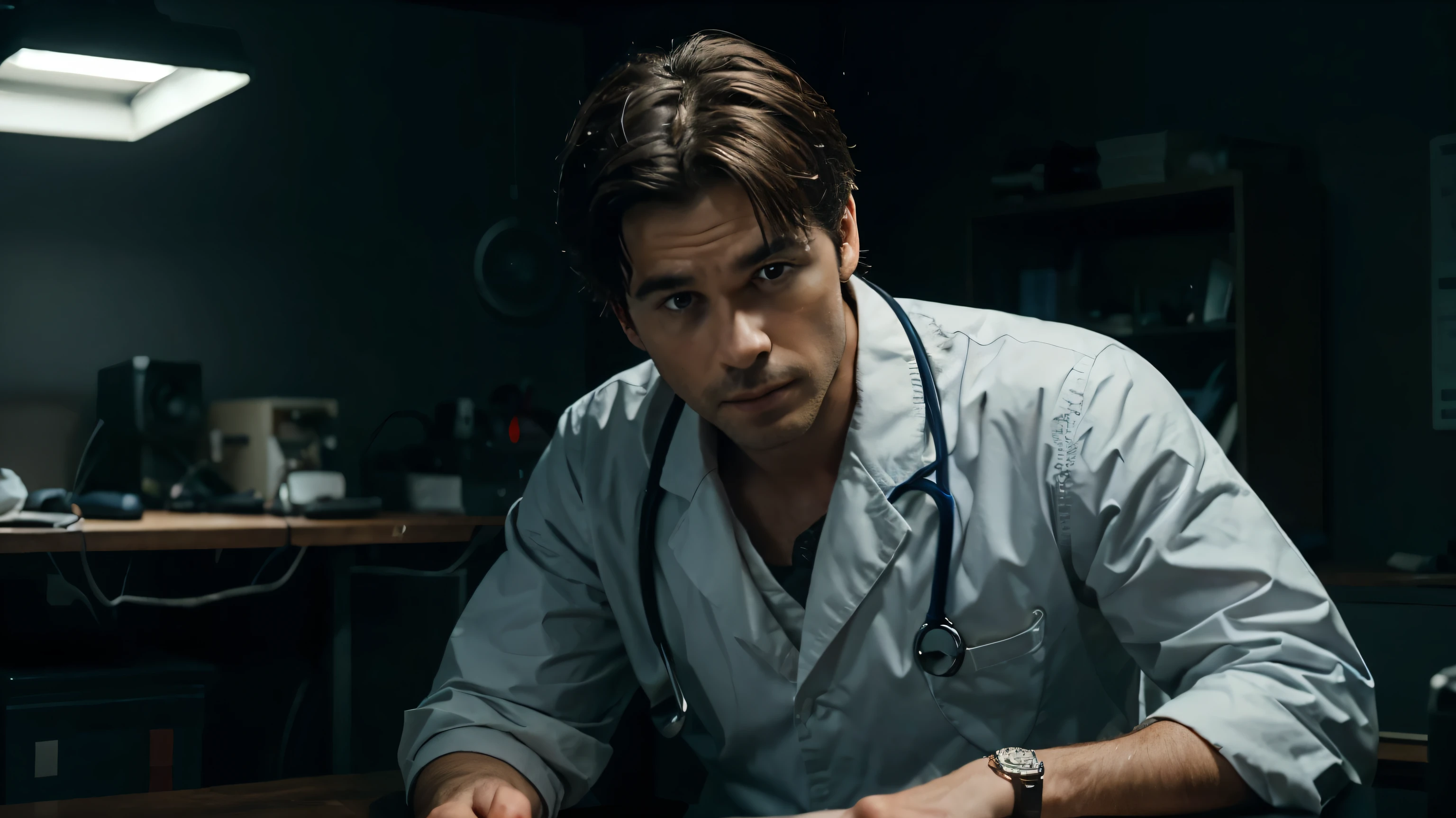 generate ultra realistic male doctor with sitting on the work table in the dark room looking in the camera and talking