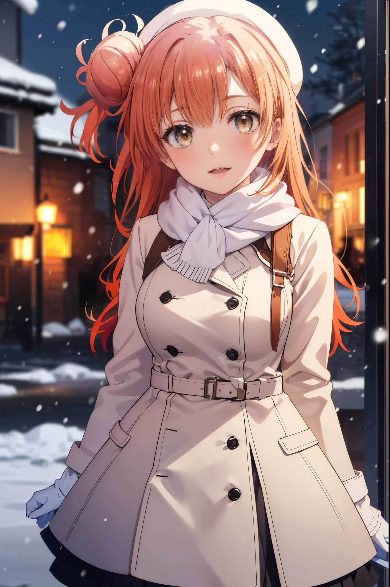 yuiyuigahama, yui yuigahama, long hair, (brown eyes:1.5), (orange hair:1.2), bun hair, single bun hair, open your mouth,smile, (big breasts:1.2),pink long coat　There is an open front,red muffler,white sweater,long skirt,Mini Boots,Chunky gloves,It&#39;s snowing,snow is falling,winter,cold sky,
break outdoors,In town ,building street,
break looking at viewer　looking up from below, (cowboy shot:1.5),
break (masterpiece:1.2), highest quality, High resolution, unity 8k wallpaper, (figure:0.8), (detailed and beautiful eyes:1.6), highly detailed face, perfect lighting, Very detailed CG, (perfect hands, perfect anatomy),