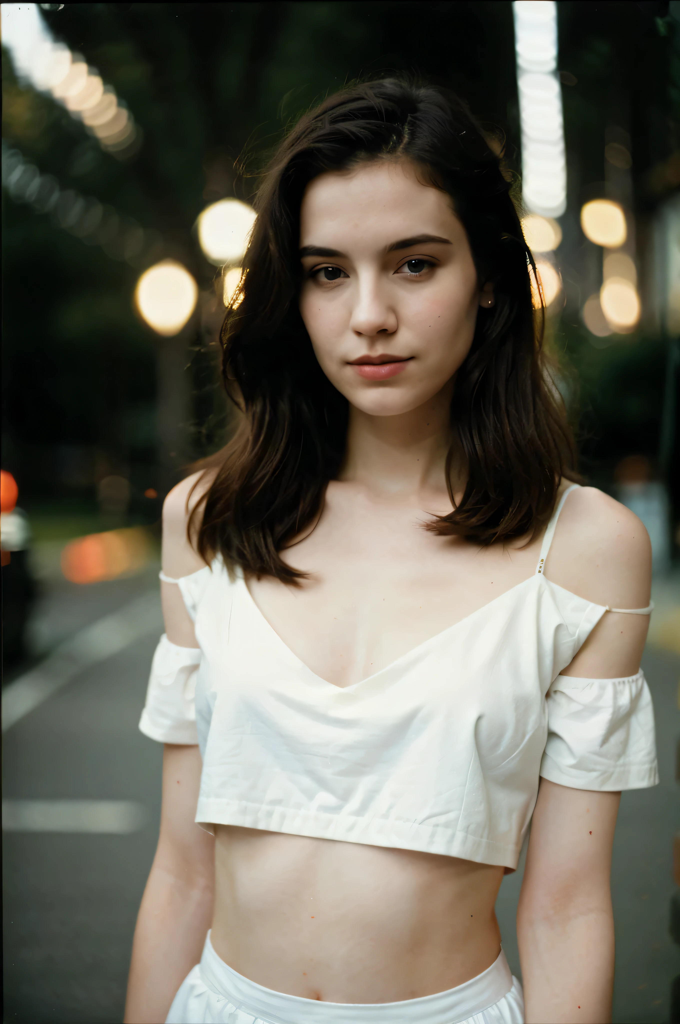 Realistic photography, Stunning brunette woman with freckles, Portra 400 film photo, analog inspiration