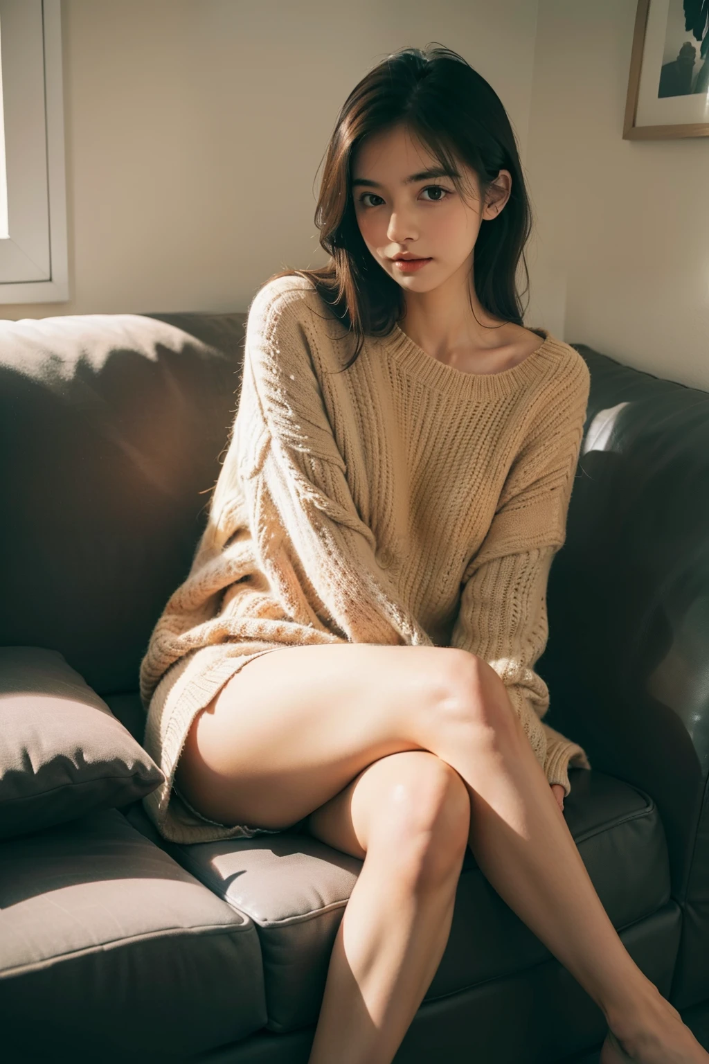 1girl,sitting on a cozy couch,crossing legs,soft light