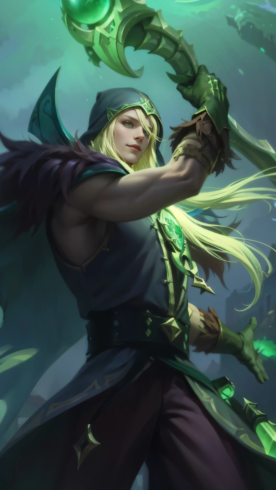 Best quality, masterpiece, detailed skin texture, detailed clothes texture, detailed face, super detail, 8k, intricate detail, 1 boy, The color doesn't change, Muscle guy, 1 guy, green eyes, a close up of a person holding a sword in a field, amazing portrait of viego, inspired by Huang Shen, inspired by Shen Zhou, astri lohne, karthus from league of legends, stanley artgerm lau, 8 k hd wallpaperjpeg artifact, 8k hd wallpaperjpeg artifact, league of legends character art, a blonde emerald warrior, smile