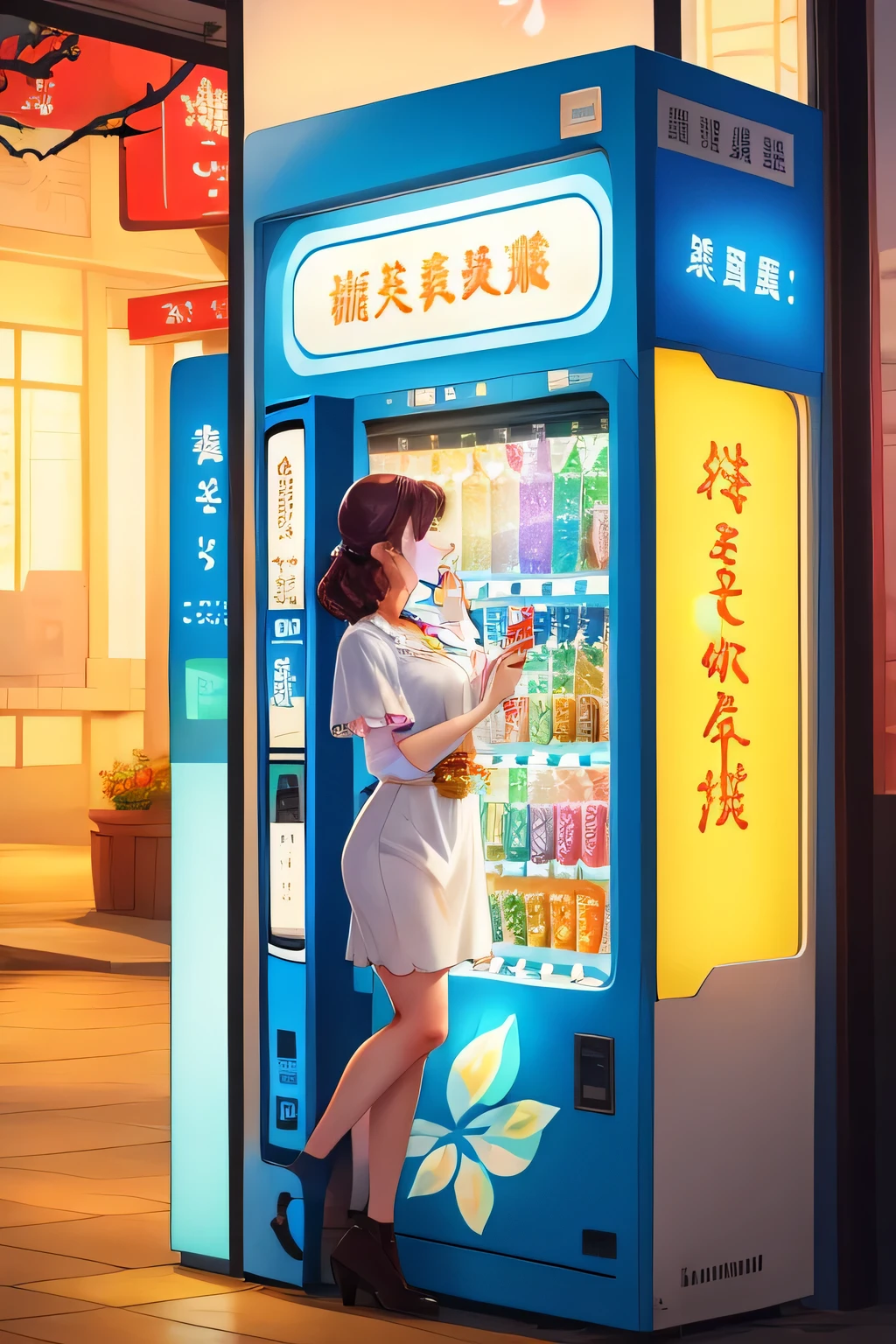 Create a photo of a beautiful woman opening a vending machine to communicate. The vending machine light box is marked with the words "Vitality Forest". The vending machine is white. The drinks sold in the vending machines are all drinks from Yuanqi Forest.