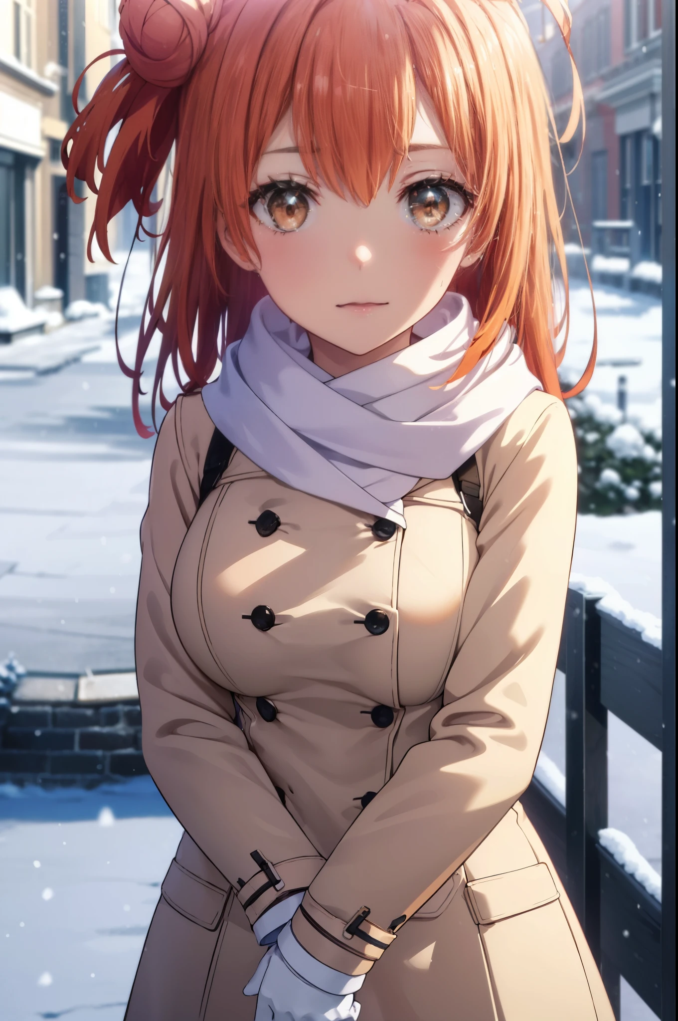 yuiyuigahama, yui yuigahama, long hair, (brown eyes:1.5), (orange hair:1.2), bun hair, single bun hair, open your mouth,smile, (big breasts:1.2),pink long coat　There is an open front,red muffler,white sweater,long skirt,Mini Boots,Chunky gloves,It&#39;s snowing,snow is falling,winter,cold sky,
break outdoors,In town ,building street,
break looking at viewer　looking up from below, (cowboy shot:1.5),
break (masterpiece:1.2), highest quality, High resolution, unity 8k wallpaper, (figure:0.8), (detailed and beautiful eyes:1.6), highly detailed face, perfect lighting, Very detailed CG, (perfect hands, perfect anatomy),