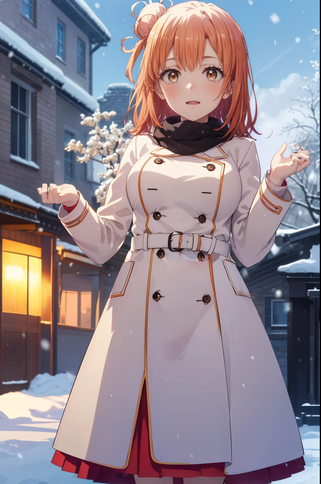 yuiyuigahama, yui yuigahama, long hair, (brown eyes:1.5), (orange hair:1.2), bun hair, single bun hair, open your mouth,smile, (big breasts:1.2),pink long coat　There is an open front,red muffler,white sweater,long skirt,Mini Boots,Chunky gloves,It&#39;s snowing,snow is falling,winter,cold sky,
break outdoors,In town ,building street,
break looking at viewer　looking up from below, (cowboy shot:1.5),
break (masterpiece:1.2), highest quality, High resolution, unity 8k wallpaper, (figure:0.8), (detailed and beautiful eyes:1.6), highly detailed face, perfect lighting, Very detailed CG, (perfect hands, perfect anatomy),