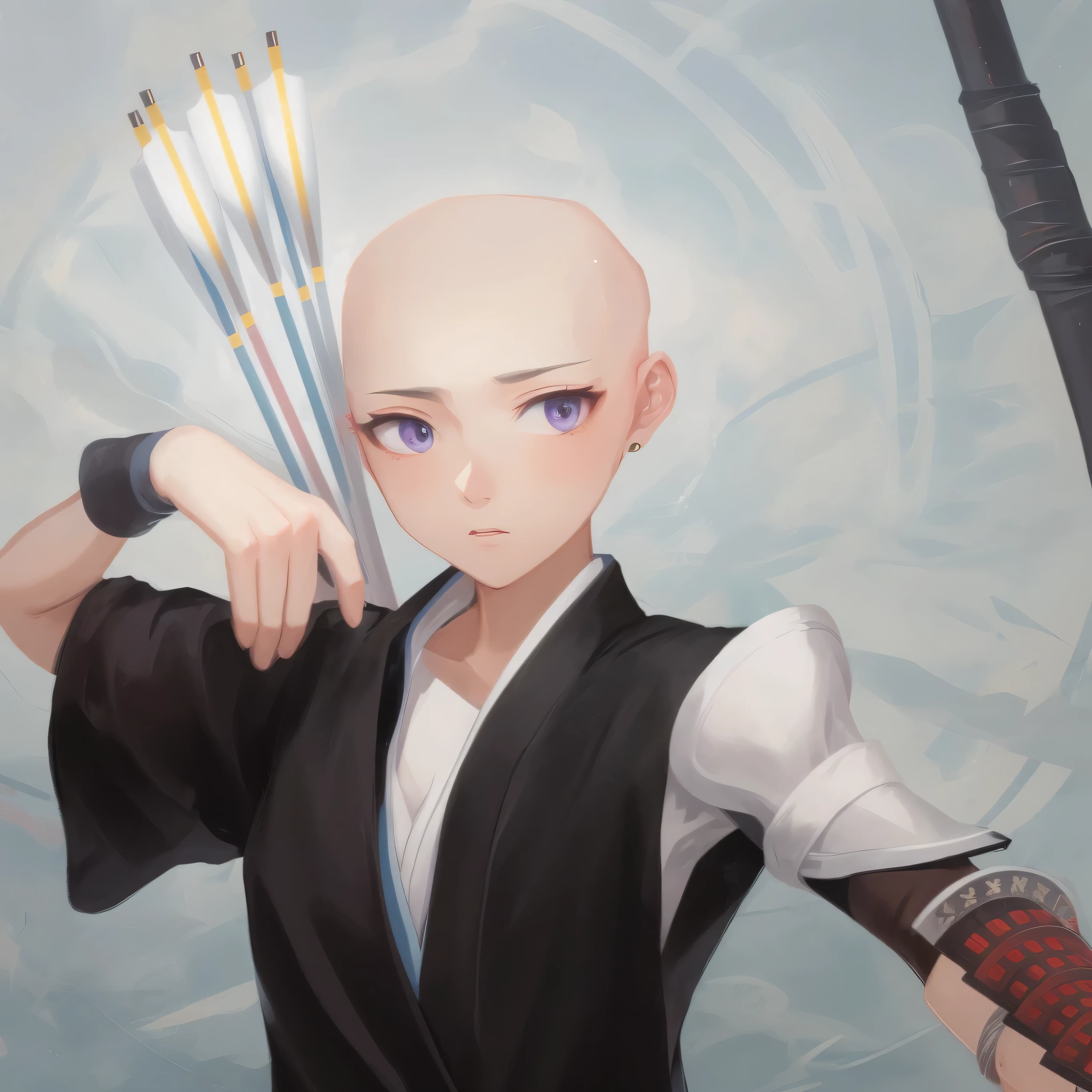 anime character with a bow and arrow in his hand, aang, bald, no hair, kunoichi, made with anime painter studio, avatar aang, inspired by Kamisaka Sekka, anime girl with a bow and arrow, jin kagetsu, portrait of saitama, advanced digital anime art ”, fox nobushi holding a naginata, inspired by Ren Xiong