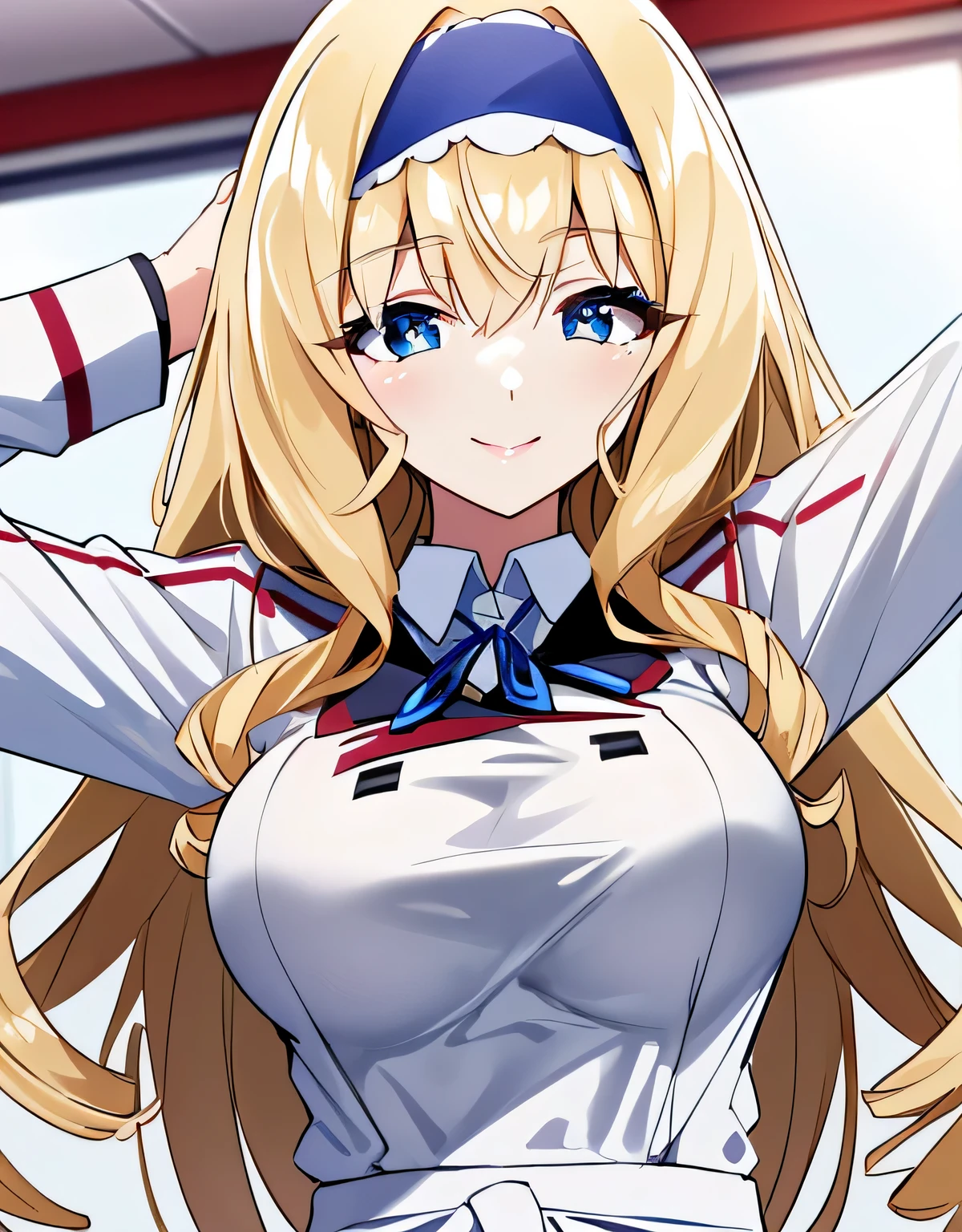 Cecilia Somak,school uniform,(big breasts:1.5),shiny,hair,((alone)),((masterpiece)),((highest quality)),perfect anatomy,slim waist,perfect image,8k UHD,(detailed and beautiful eyes:1.5),highly detailed face,Are standing,(Upper body:1.1),(look ahead:1.1),back arm,super detailed,disorganized,High resolution,classroom,smile,