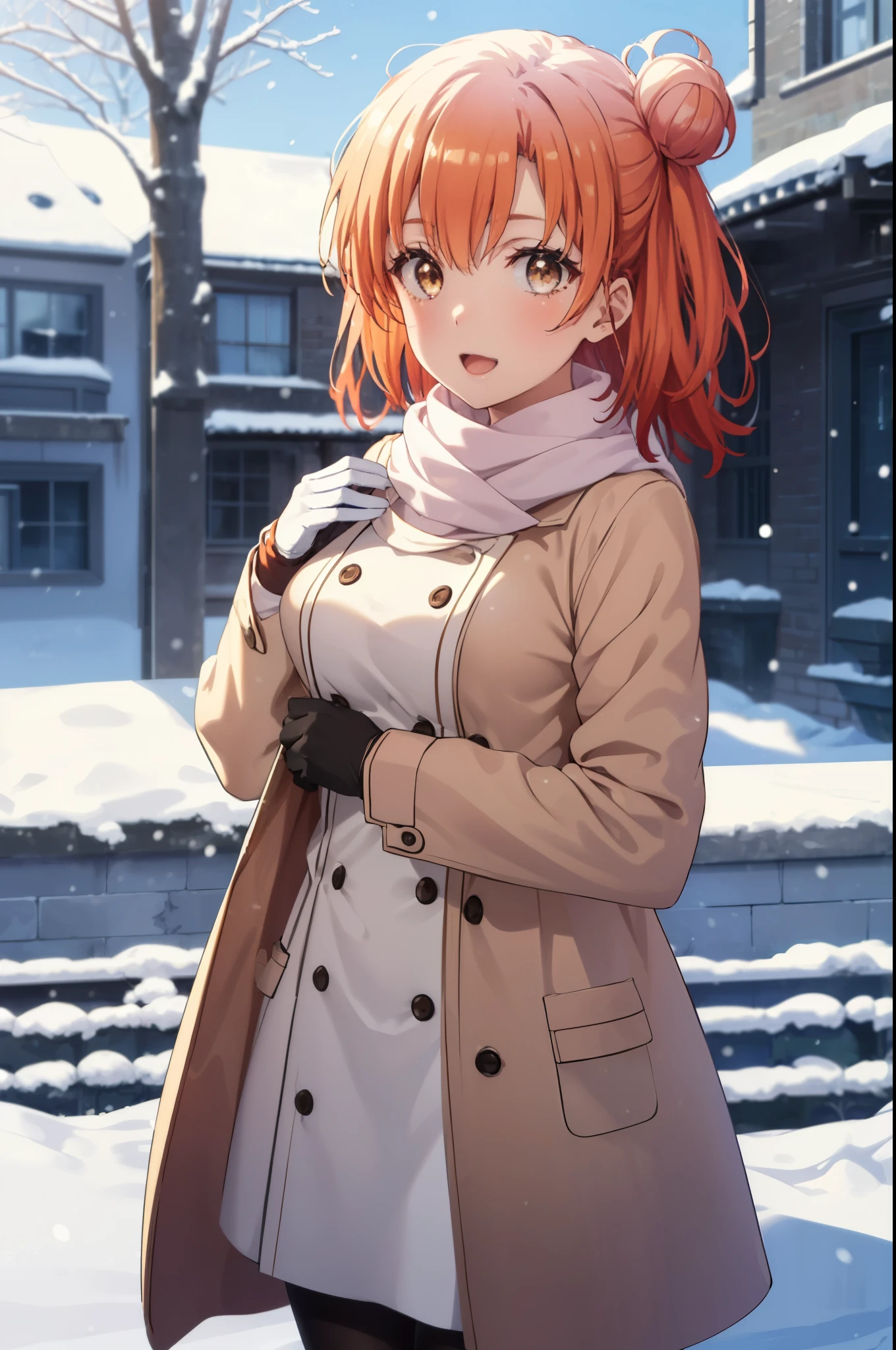 yuiyuigahama, yui yuigahama, long hair, (brown eyes:1.5), (orange hair:1.2), bun hair, single bun hair, open your mouth,smile, (big breasts:1.2),pink long coat　There is an open front,red muffler,white sweater,long skirt,black pantyhose,short boots,Chunky gloves,It&#39;s snowing,snow is falling,winter,cold sky,
break outdoors,In town ,building street,
break looking at viewer　looking up from below, (cowboy shot:1.5),
break (masterpiece:1.2), highest quality, High resolution, unity 8k wallpaper, (figure:0.8), (detailed and beautiful eyes:1.6), highly detailed face, perfect lighting, Very detailed CG, (perfect hands, perfect anatomy),