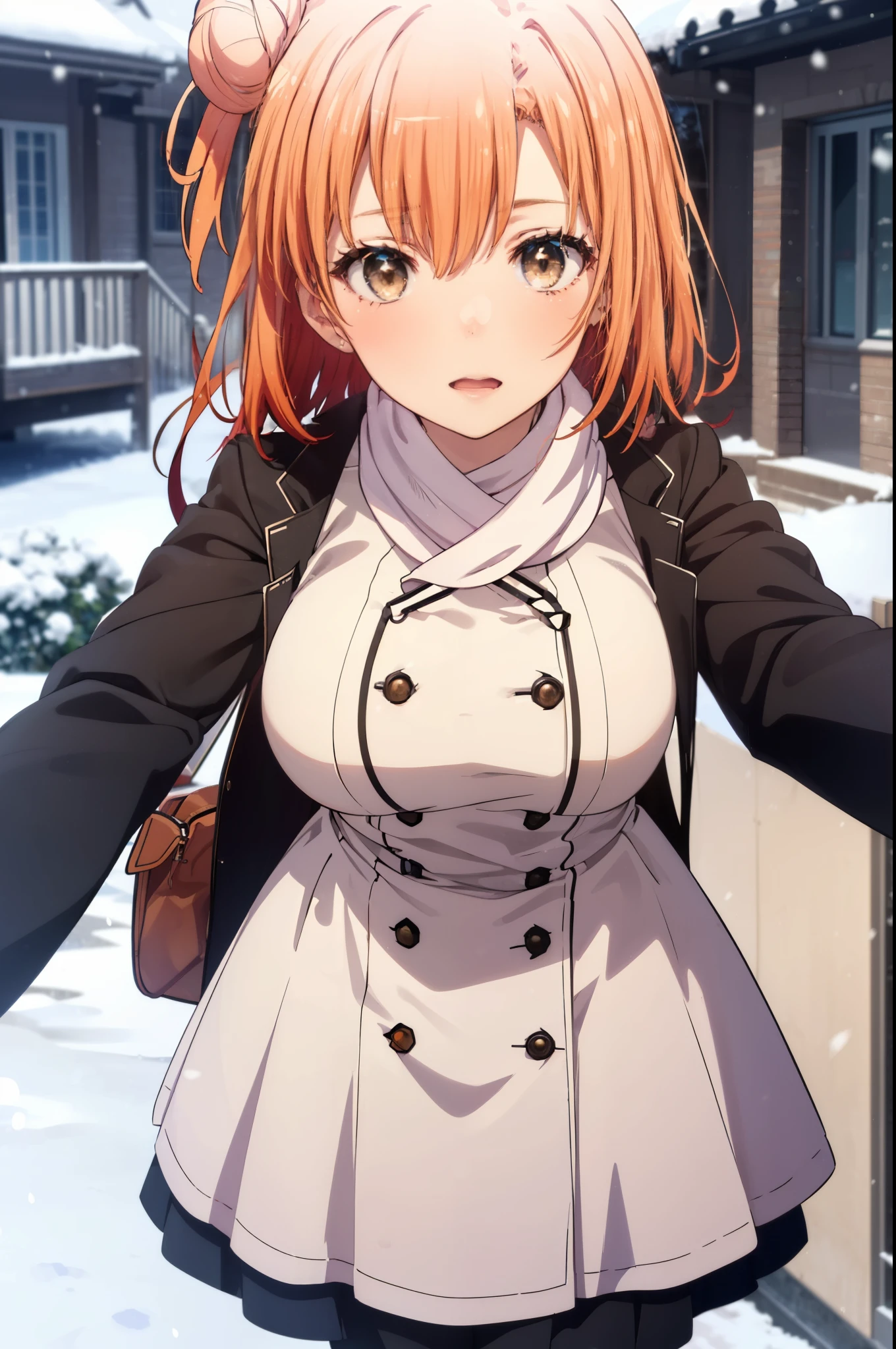 yuiyuigahama, yui yuigahama, long hair, (brown eyes:1.5), (orange hair:1.2), bun hair, single bun hair, open your mouth,smile, (big breasts:1.2),pink long coat　There is an open front,red muffler,white sweater,long skirt,black pantyhose,short boots,Chunky gloves,It&#39;s snowing,snow is falling,winter,cold sky,
break outdoors,In town ,building street,
break looking at viewer　looking up from below, (cowboy shot:1.5),
break (masterpiece:1.2), highest quality, High resolution, unity 8k wallpaper, (figure:0.8), (detailed and beautiful eyes:1.6), highly detailed face, perfect lighting, Very detailed CG, (perfect hands, perfect anatomy),