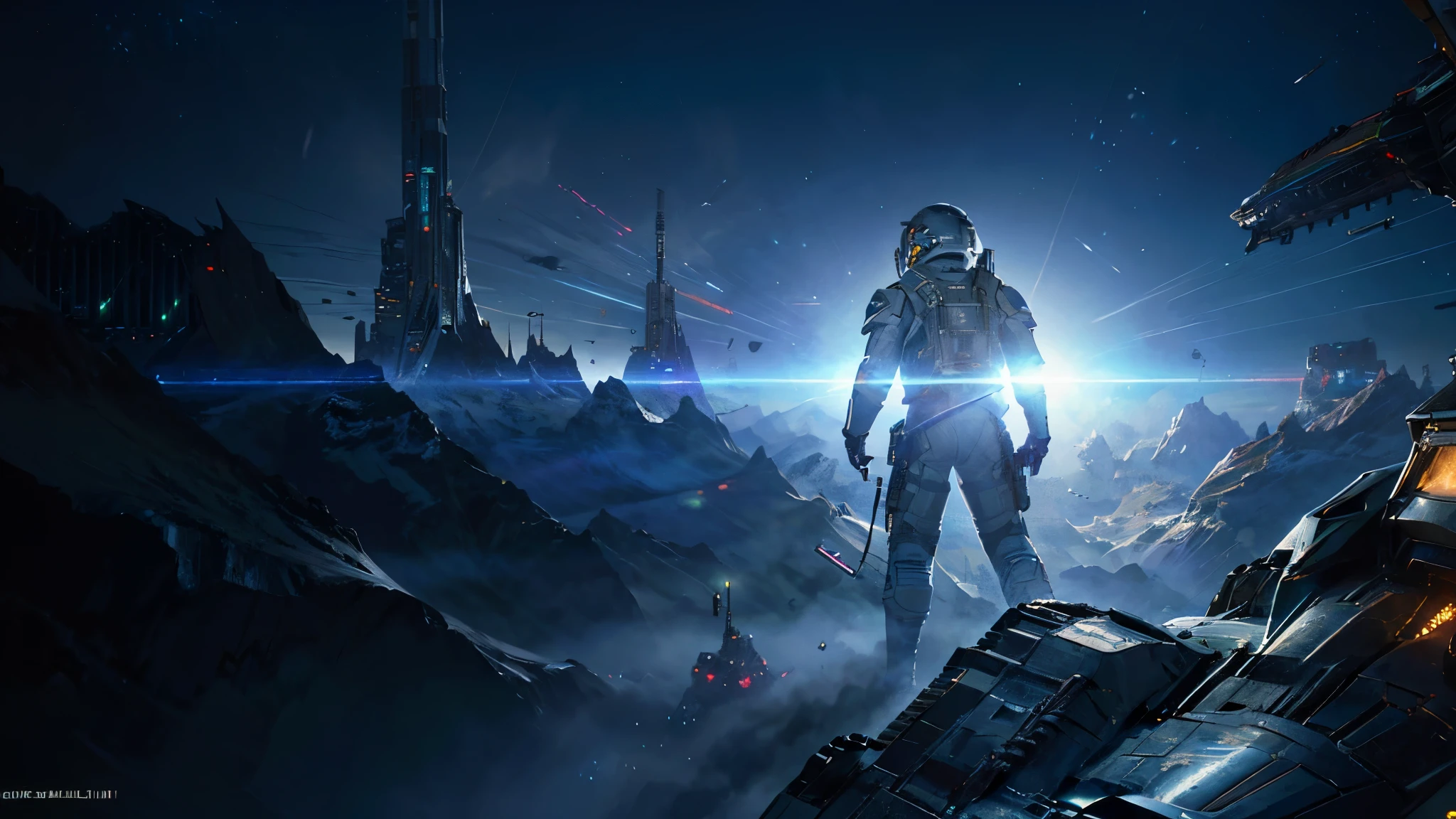Heavily armed Chinese astronauts descend from the sky,Boarding the crystal asteroid,Interstellar,endless space,perspective,Depth of field masterpiece)),(best quality)),Magnificent space image scenes,Beautiful and colorful crystals,Surrealism, Ultra-detailed, precise, best quality, Ultra high quality, masterpiece, anatomically correct, high resolution, 16k,(best quality,4k,8k,high resolution,masterpiece:1.2),Super detailed,actual,Translucent ethereal mechanical astronaut,futuristic astronaut,Mechanical joint,Futuristic space background,Beautiful sci-fi art, Sci-fi digital art illustration, Digital cyberpunk art, Sci-fi digital painting, futuristic digital painting, futuristic concept art, Interstellar landscape before a sci-fi film, Sci-fi digital art, Advanced digital cyberpunk art, Amazing cyberpunk warrior
