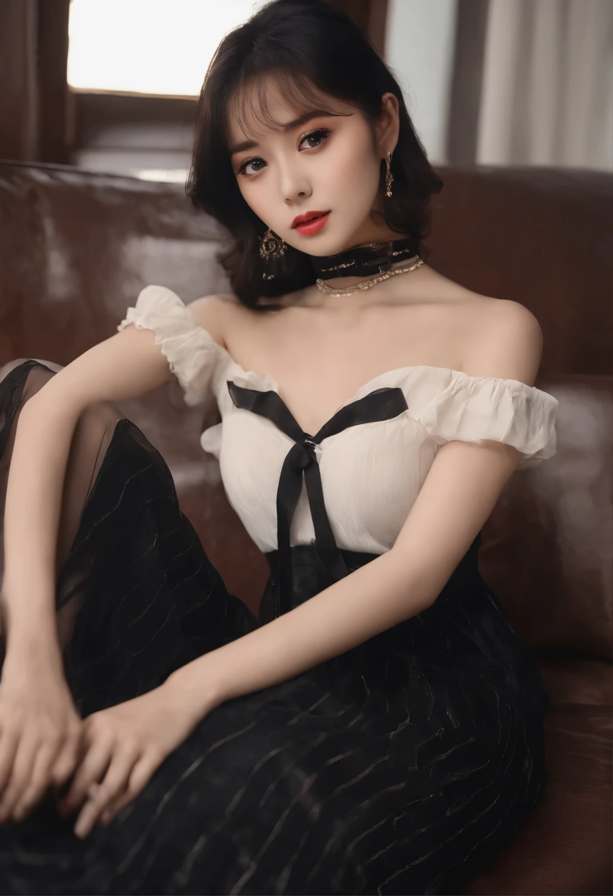 Oriental Women,choker necklace, Sexy girl with big eyes, girl's selfie, Chamber Eye, natural makeup, staring at the camera, Face to face artgram, delicate makeup, Great full-body photos,, beautiful corner, attractive pose, sexy pose, whole body image, full body, Full body image of, black hair goddess, Highly detailed, Satisfied expression, Wear a beautiful dress.,boots, skirt, boots