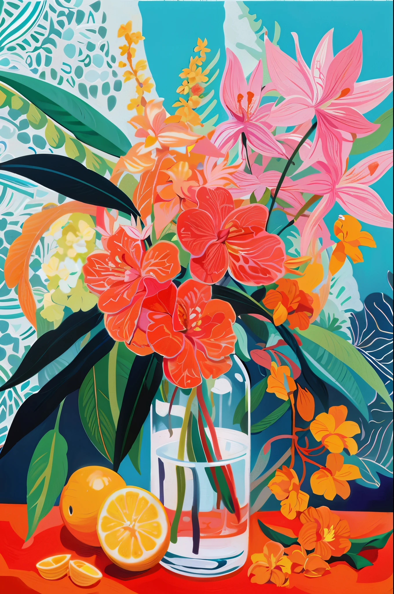 there is a painting of a vase with flowers and oranges, Apenas Bartel, blooming flores tropicais, inspirado em Marianne North, por Hermione Hammond, flores tropicais, inspirado em Naomi Okubo, pinturas detalhadas do guache, guache sobre tela, tropicalismo, Detailed acrylic painting, tropics, inspirado em Pamela Ascherson, Orchids, Magical Fauvism, por Lisa Milroy, clima tropical