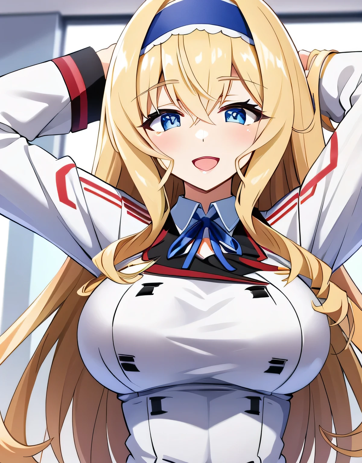 Cecilia Somak,school uniform,((big breasts)),shiny,hair,((alone)),((masterpiece)),((highest quality)),perfect anatomy,slim waist,perfect image,8k UHD,(detailed and beautiful eyes:1.5),highly detailed face,Are standing,(Upper body:1.1),(look ahead:1.1),back arm,super detailed,disorganized,High resolution,classroom,smile,