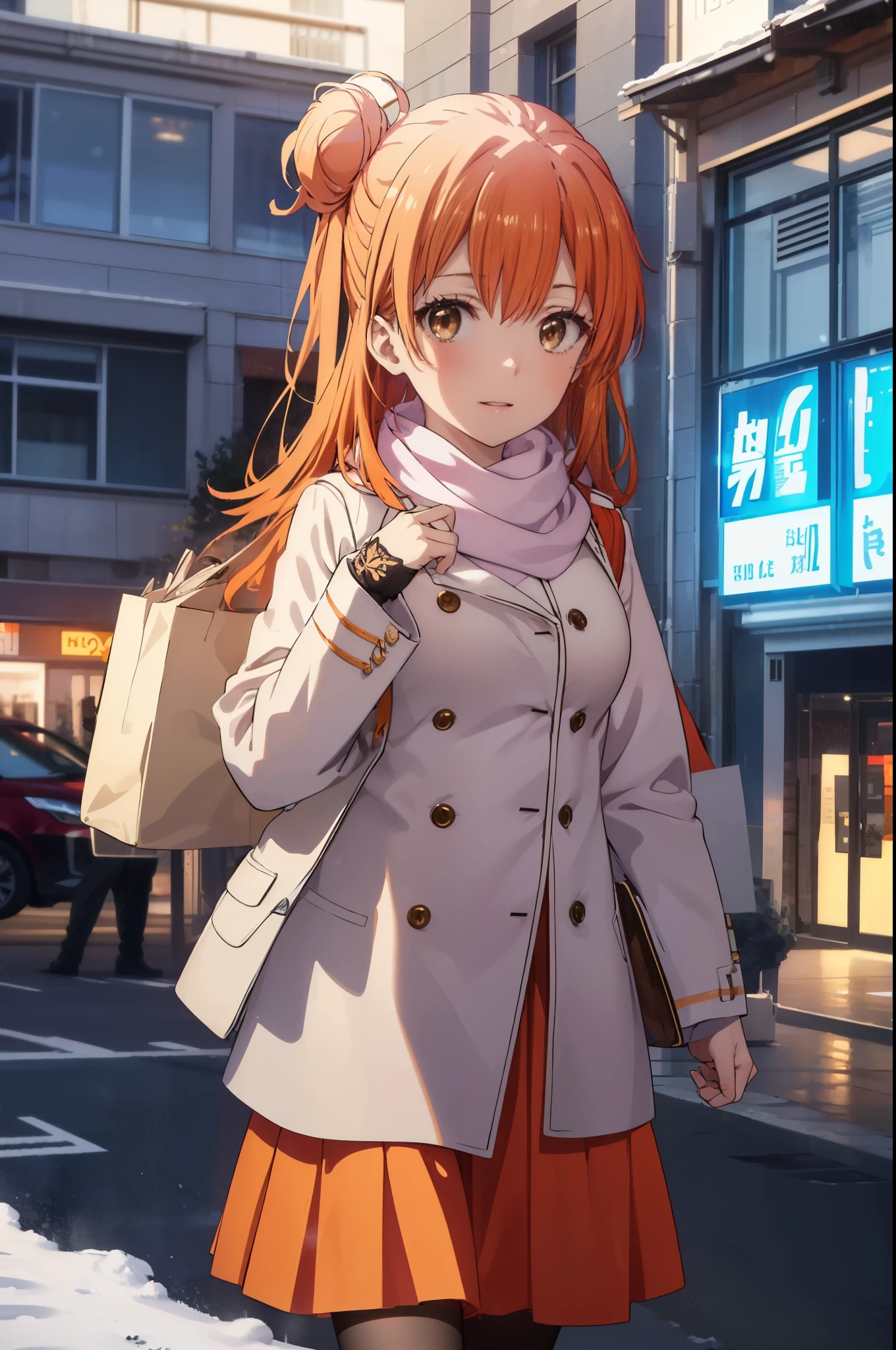 yuiyuigahama, yui yuigahama, long hair, (brown eyes:1.5), (orange hair:1.2), bun hair, single bun hair, open your mouth,smile, (big breasts:1.2),pink long coat　There is an open front,red muffler,white sweater,long skirt,black pantyhose,short boots,Chunky gloves,It&#39;s snowing,snow is falling,winter,cold sky,
break outdoors,In town ,building street,
break looking at viewer　looking up from below, (cowboy shot:1.5),
break (masterpiece:1.2), highest quality, High resolution, unity 8k wallpaper, (figure:0.8), (detailed and beautiful eyes:1.6), highly detailed face, perfect lighting, Very detailed CG, (perfect hands, perfect anatomy),