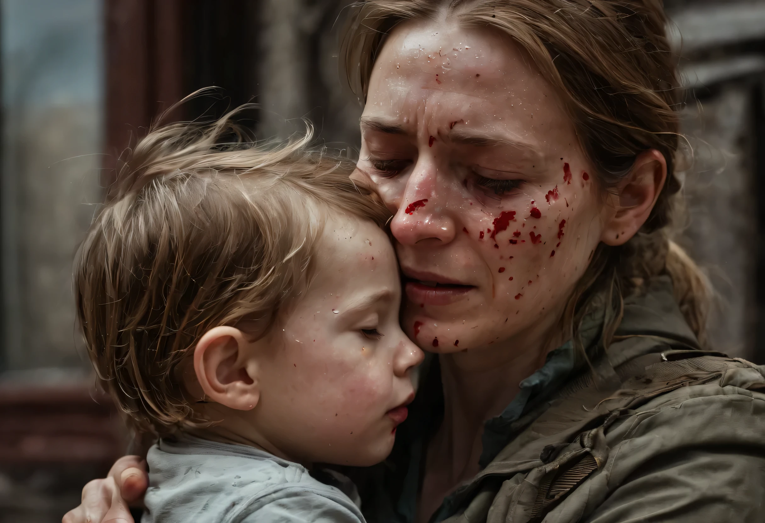 （best quality，Ultra-fine，Fidelity：1.37），Mother hugs her child tightly，（sad，cry，tears：1.37），Red viscous liquid oozes from the scratches on the face，close up。bullets flying through the air，broke the glass。Instant capture，penetrating glass shards，Detailed bullet trajectories，slam，Shards of glass were scattered all over the place，There is debris in the air，slow motion freeze，high speed capture，dynamic chaos，Precise timing，flying debris，suspended in the air，dance clip，stained glass shards，refracted light，moving rapidly，translucent fragments，windows in fragments，