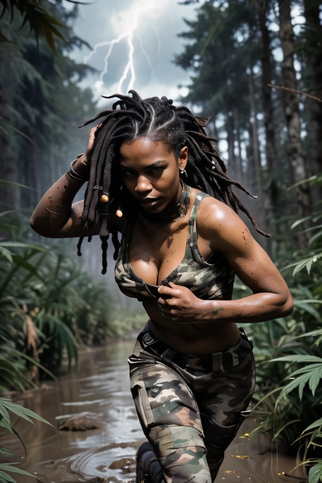 ((Best Quality)), ((Masterpiece)), (High Detail:1.3), gun in hand,beautiful (cyberpunk:1.2) rebel special forces, ((dark-skinned flat-chested Caribbean woman with thick violet dreadlocks hairstyle running through muddy dense cannabis indica forest)) in (in camouflage_uniform:1.1), cerulean digital (camouflage: 1.3), HDR (High Dynamic Range), anisotropic filtering, maximum clarity and sharpnesenacingly storming sky filled with gnarly lightening)