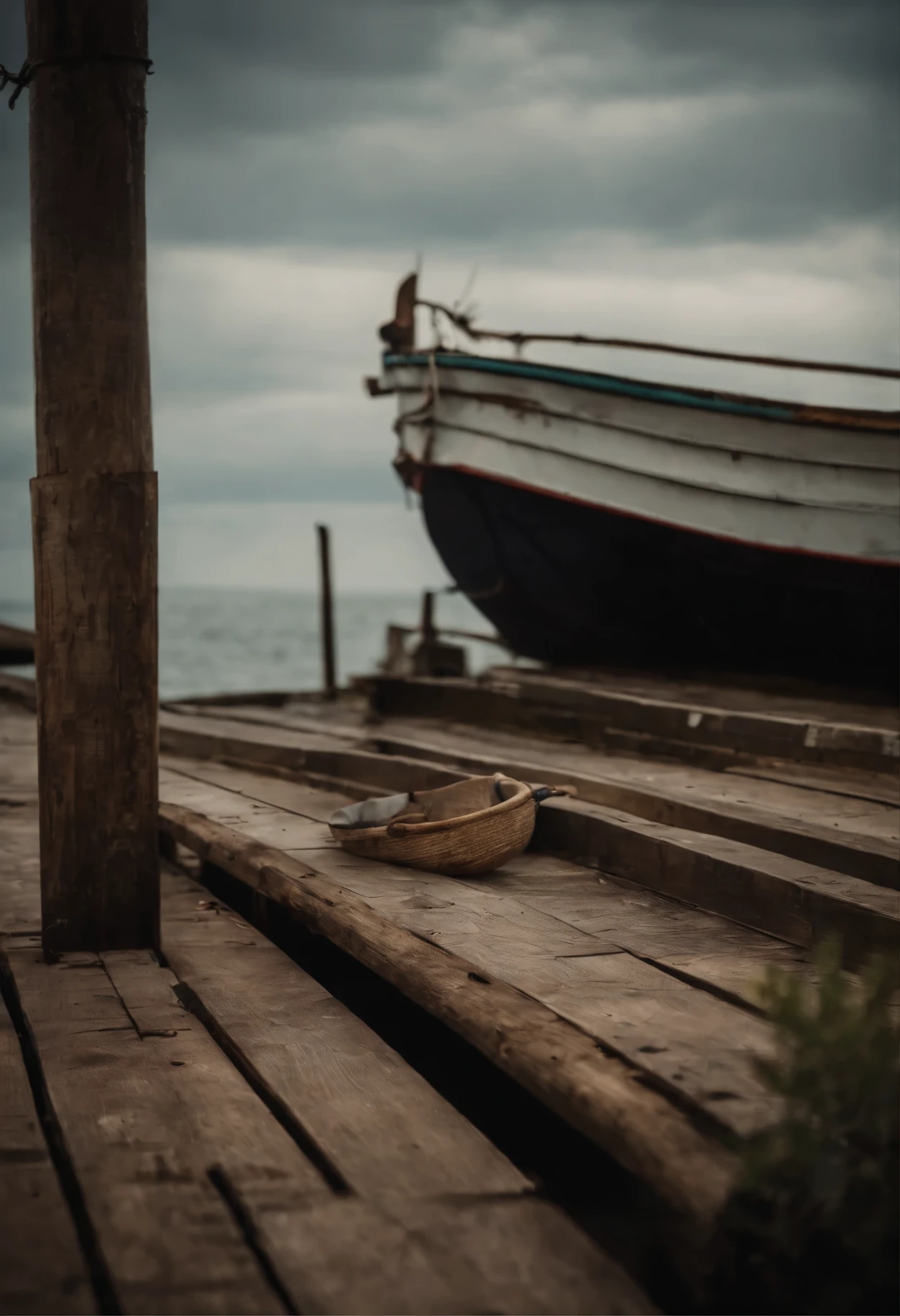 quiet pier，deserted pier，A small dilapidated fishing boat