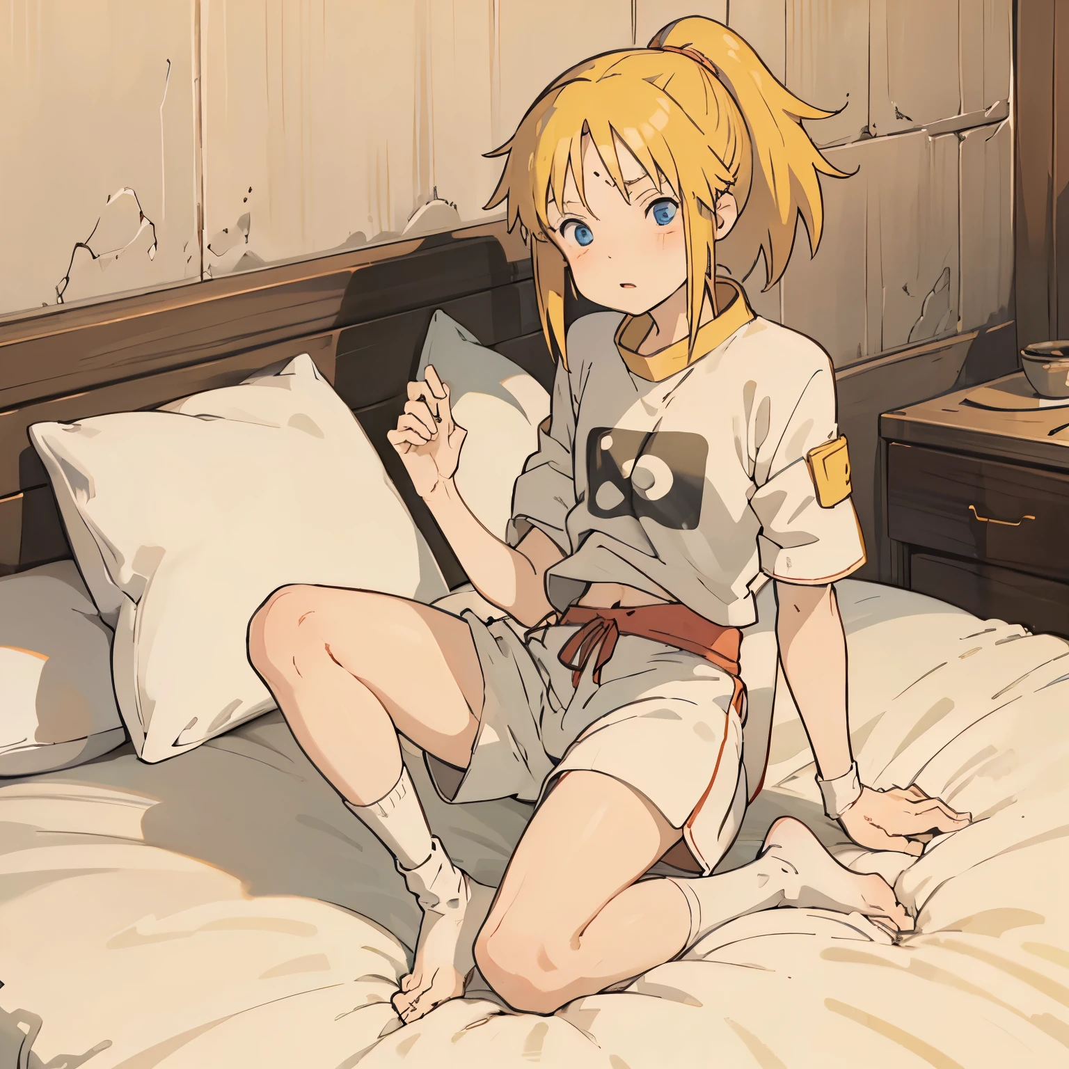 Naruto Uzumaki, white shorts, white socks, upper body exposed, showing abdominal muscles, shy expression, pressed on the bed, cheeks red, yellow hair boy, full body photo, five fingers, blue eyes 