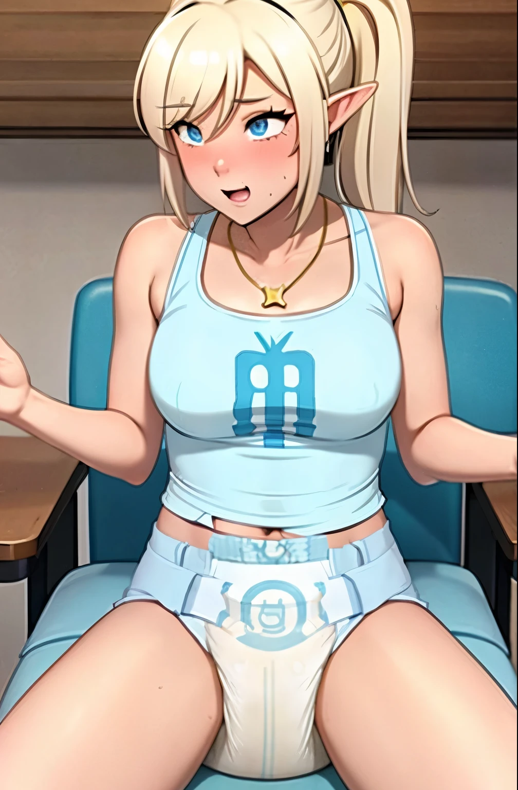 a beautiful elf woman, 18 years old with light blonde hair in a ponytail, beautiful blue eyes, small gold necklace, short denim shorts, white tank top, medium size breasts, big ass, wearing a (diaper), (Bulky Diaper), sitting in a highchair, at a sorority party, foyer, embarrassed, magical, atmospheric
