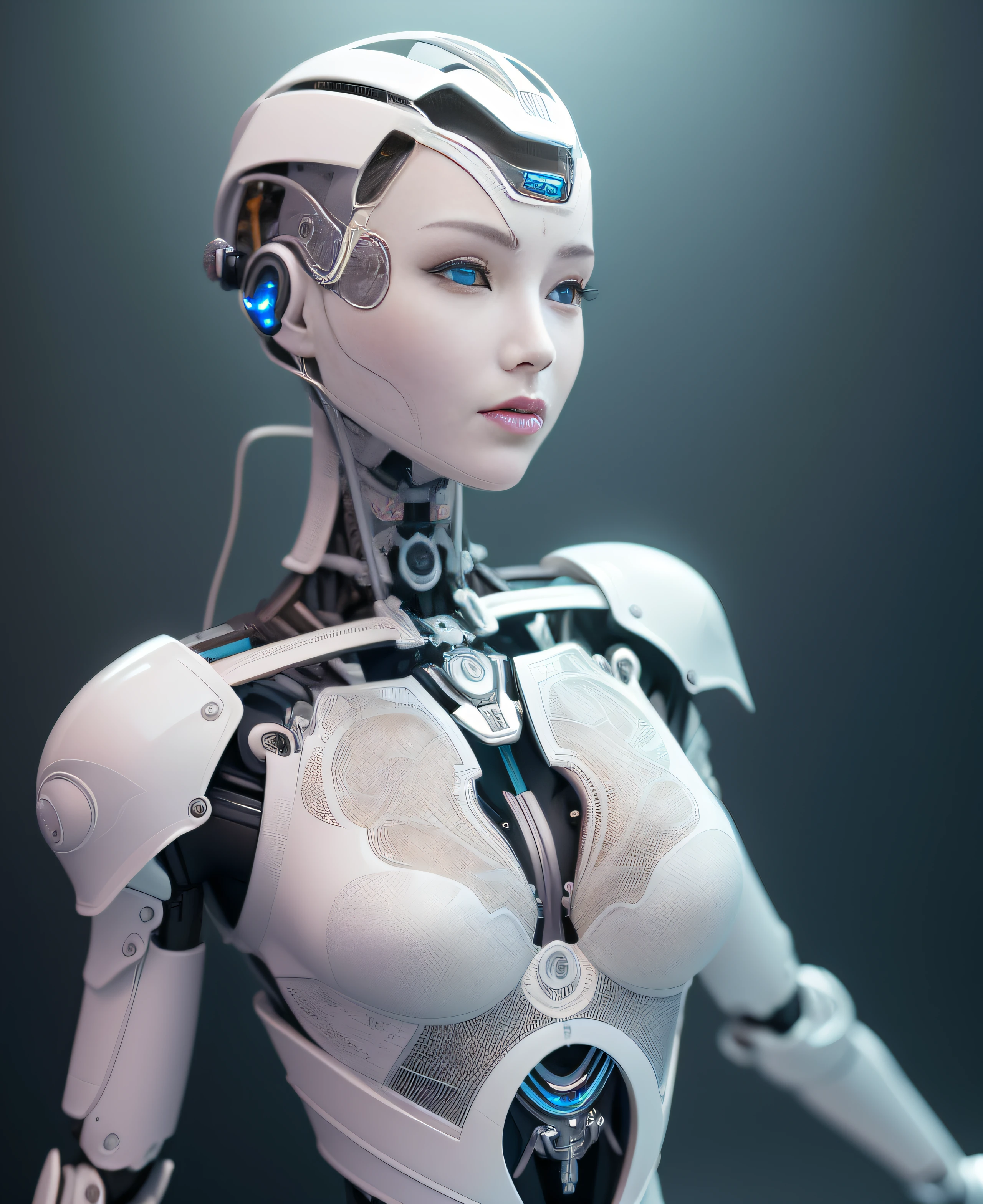Intricate 3d rendering of highly detailed beautiful ceramic silhouette female robot face, robot, robot part, 150mm, Beautiful studio, soft lighting, Rim lights, lively details, Elegant cyberpunk, lace, Surreal, anatomy, facial muscles, wire, Microchip, elegant, beautiful background, Octane rendering, HR Giger style, 8k, best quality, Masterpiece, illustration, Very delicate and beautiful, very detailed, CG, unity, Wallpaper , (loyalty, loyalty: 1.37), miraculous, great details, Masterpiece, best quality, official art, very detailed cg unity 8k Wallpaper, nonsense, unbelievably nonsense, robot, money hat, full body