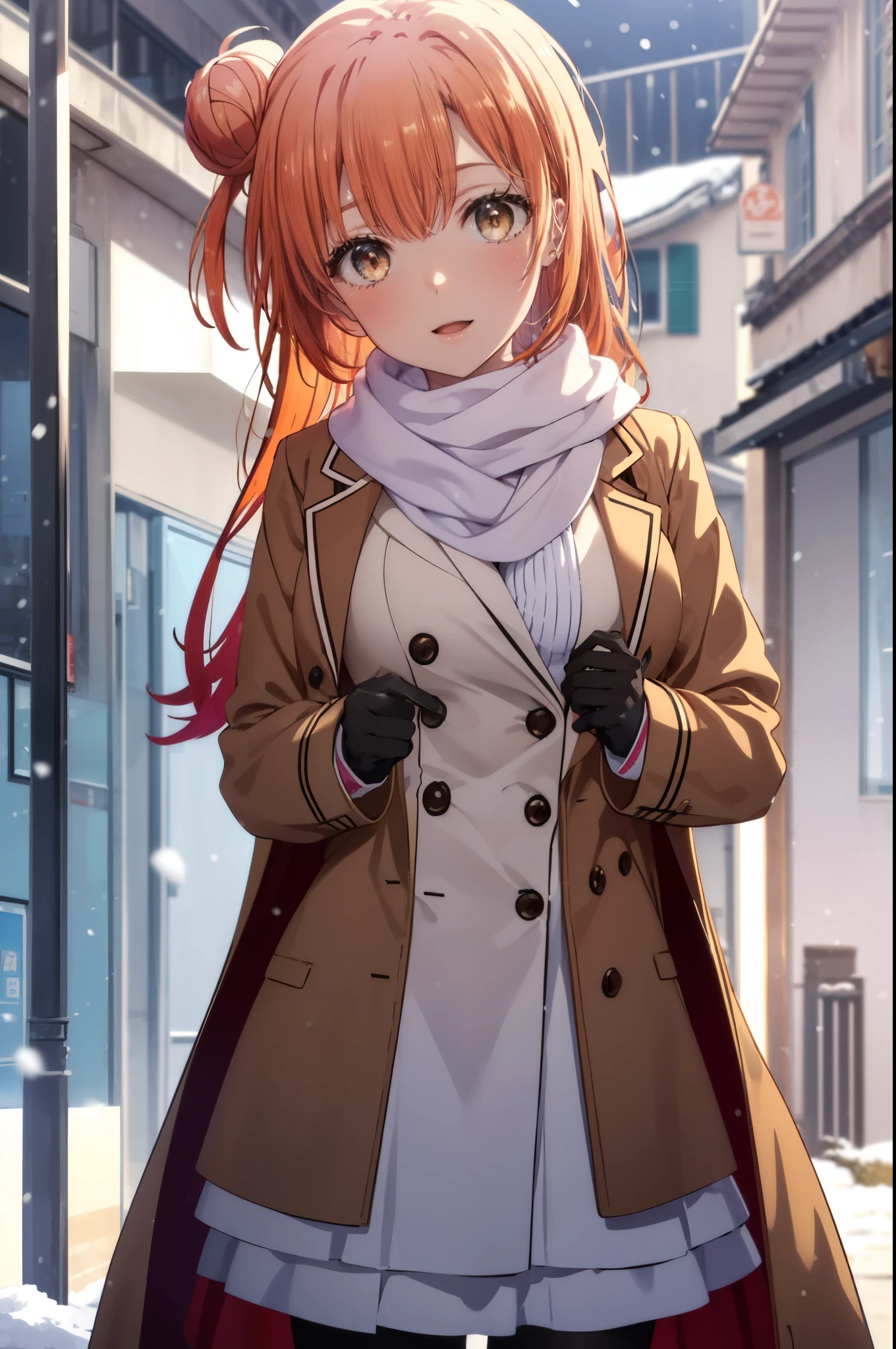 yuiyuigahama, yui yuigahama, long hair, (brown eyes:1.5), (orange hair:1.2), bun hair, single bun hair, open your mouth,smile, (big breasts:1.2),pink long coat　There is an open front,red muffler,white sweater,long skirt,black pantyhose,short boots,Chunky gloves,It&#39;s snowing,snow is falling,winter,cold sky,
break outdoors,In town ,building street,
break looking at viewer　looking up from below, (cowboy shot:1.5),
break (masterpiece:1.2), highest quality, High resolution, unity 8k wallpaper, (figure:0.8), (detailed and beautiful eyes:1.6), highly detailed face, perfect lighting, Very detailed CG, (perfect hands, perfect anatomy),