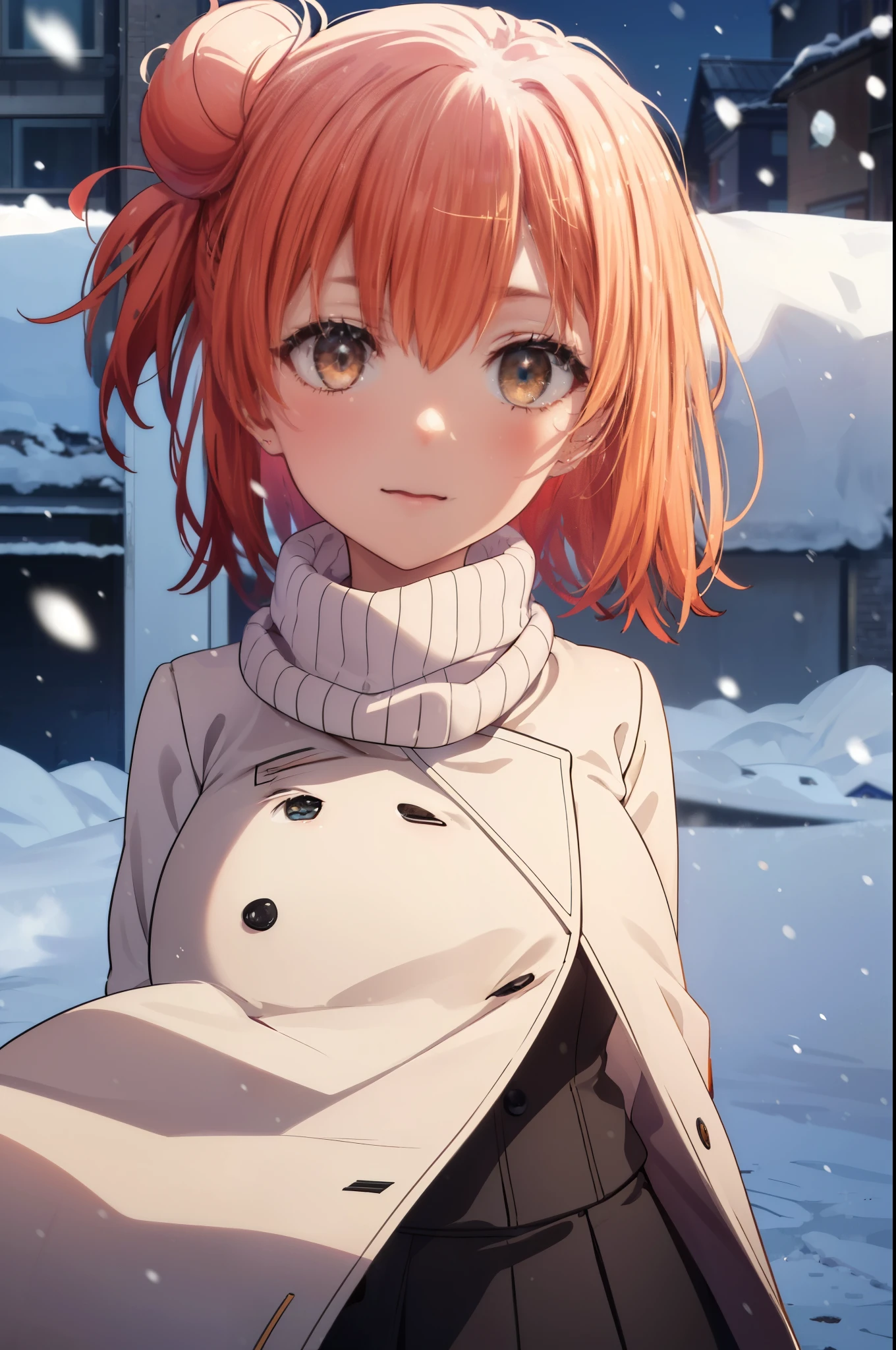 yuiyuigahama, yui yuigahama, long hair, (brown eyes:1.5), (orange hair:1.2), bun hair, single bun hair, open your mouth,smile, (big breasts:1.2),pink long coat　There is an open front,red muffler,white sweater,long skirt,black pantyhose,short boots,Chunky gloves,It&#39;s snowing,snow is falling,winter,cold sky,
break outdoors,In town ,building street,
break looking at viewer　looking up from below, (cowboy shot:1.5),
break (masterpiece:1.2), highest quality, High resolution, unity 8k wallpaper, (figure:0.8), (detailed and beautiful eyes:1.6), highly detailed face, perfect lighting, Very detailed CG, (perfect hands, perfect anatomy),