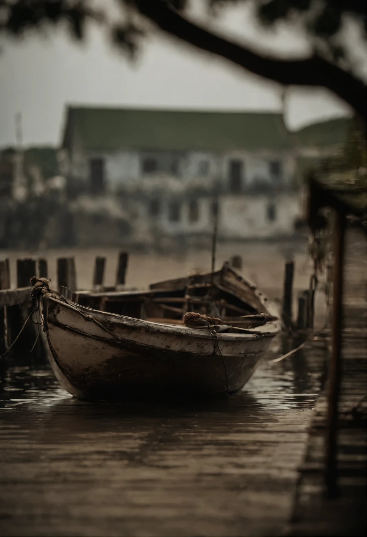 quiet pier，deserted pier，A small dilapidated fishing boat