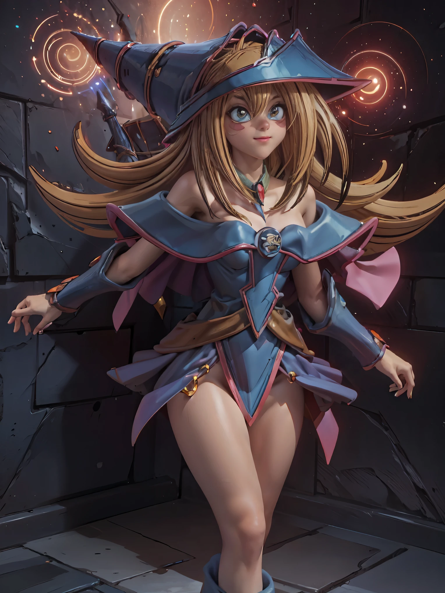 Dark magician gils en el aire, ella esta parada saltando, Magic hearts background. Sonrisa en sus labios. Ojos celestes. Cabello dorado. Pose sensual. Levitando en una pie. Tiene tacones. 1.1 Usa tacones azules y dorados . Usa tacones . Toma cuerpo completo.