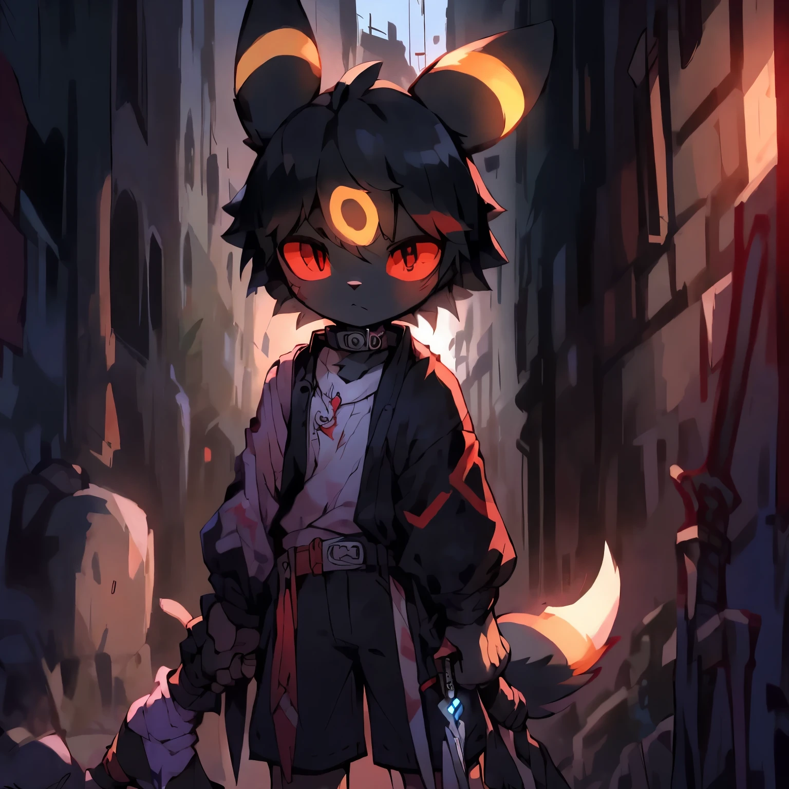 best quality，masterpiece，((the only person))，((my own))，hairy，Kanno，shorts，sock，belt，leg rings，(short)，（**********)，((straight ear))，((black hair，no ears，Rabbit facial features，Rabbit physical characteristics))，red eyes，Shota，juvenile（rabbit tail），so cute，kawaii，Moon Ibrahimovic，Umbreon，（Rabbit feet），alley，sickle，dagger，scar，Covered in bruises，paw，Upholstered，hand weapon，collar