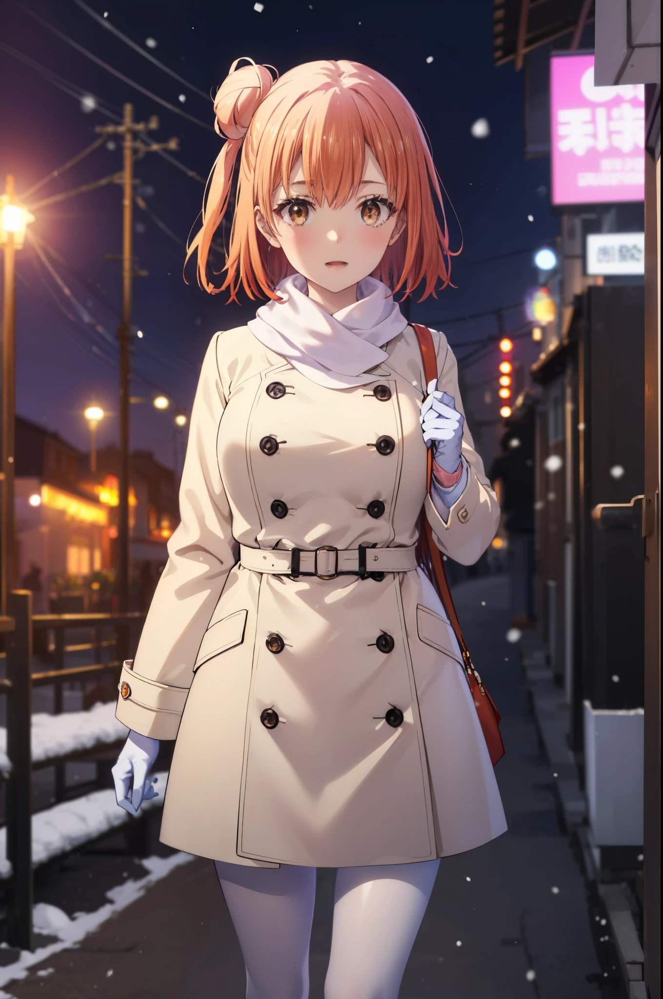 yuiyuigahama, yui yuigahama, long hair, (brown eyes:1.5), (orange hair:1.2), bun hair, single bun hair, open your mouth,smile, (big breasts:1.2),pink long coat　There is an open front,red muffler,white sweater,long skirt,black pantyhose,short boots,Chunky gloves,It&#39;s snowing,snow is falling,winter,cold sky,
break outdoors,In town ,building street,
break looking at viewer　looking up from below, (cowboy shot:1.5),
break (masterpiece:1.2), highest quality, High resolution, unity 8k wallpaper, (figure:0.8), (detailed and beautiful eyes:1.6), highly detailed face, perfect lighting, Very detailed CG, (perfect hands, perfect anatomy),