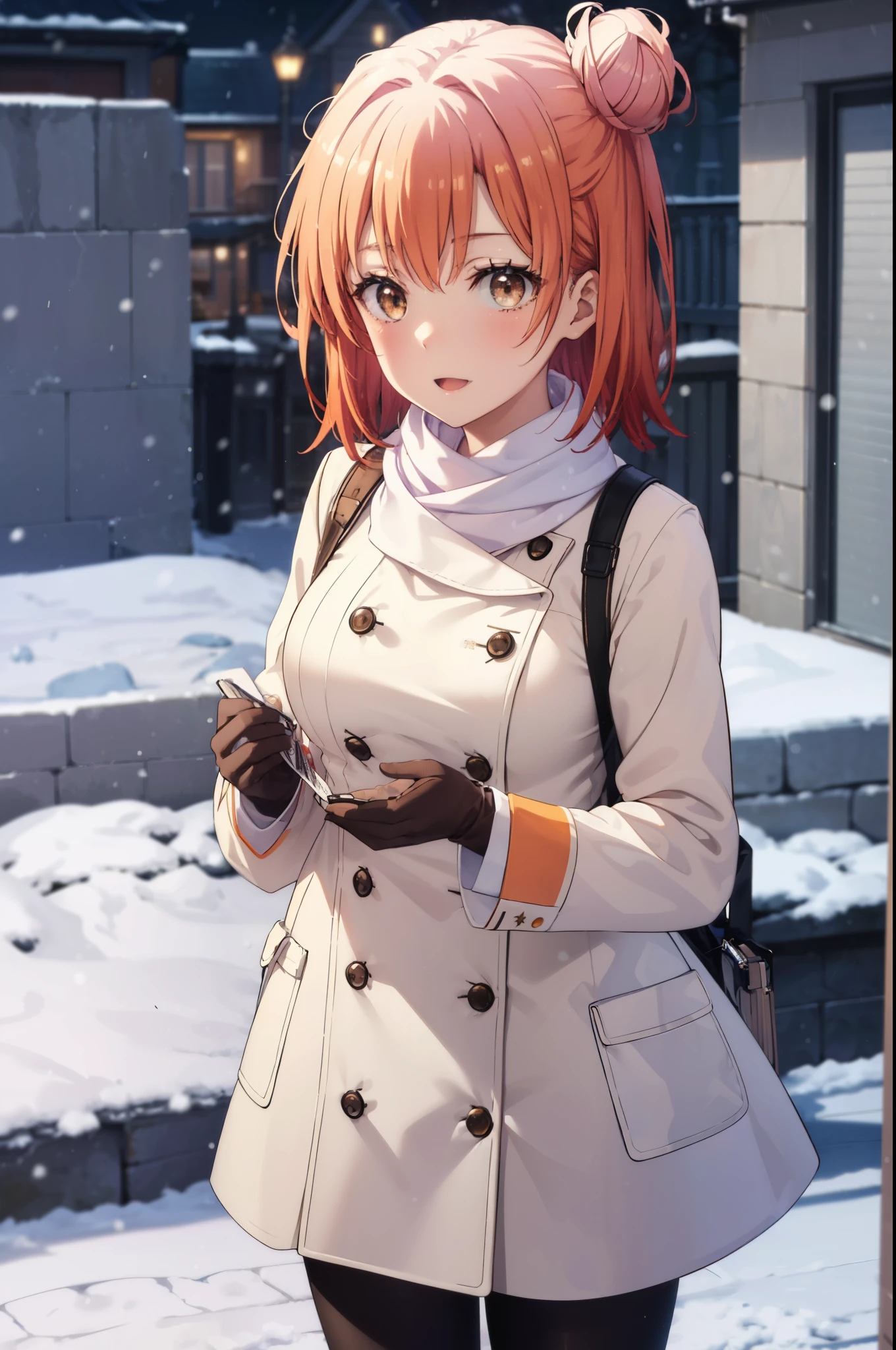 yuiyuigahama, yui yuigahama, long hair, (brown eyes:1.5), (orange hair:1.2), bun hair, single bun hair, open your mouth,smile, (big breasts:1.2),pink long coat　There is an open front,red muffler,white sweater,long skirt,black pantyhose,short boots,Chunky gloves,It&#39;s snowing,snow is falling,winter,cold sky,
break outdoors,In town ,building street,
break looking at viewer　looking up from below, (cowboy shot:1.5),
break (masterpiece:1.2), highest quality, High resolution, unity 8k wallpaper, (figure:0.8), (detailed and beautiful eyes:1.6), highly detailed face, perfect lighting, Very detailed CG, (perfect hands, perfect anatomy),