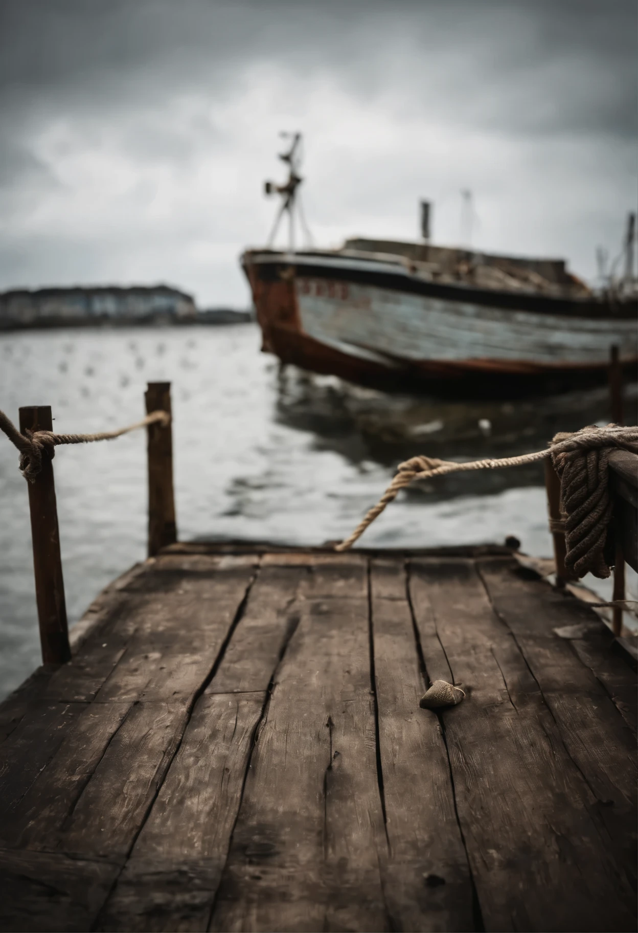 quiet pier,deserted pier,A small dilapidated fishing boat,