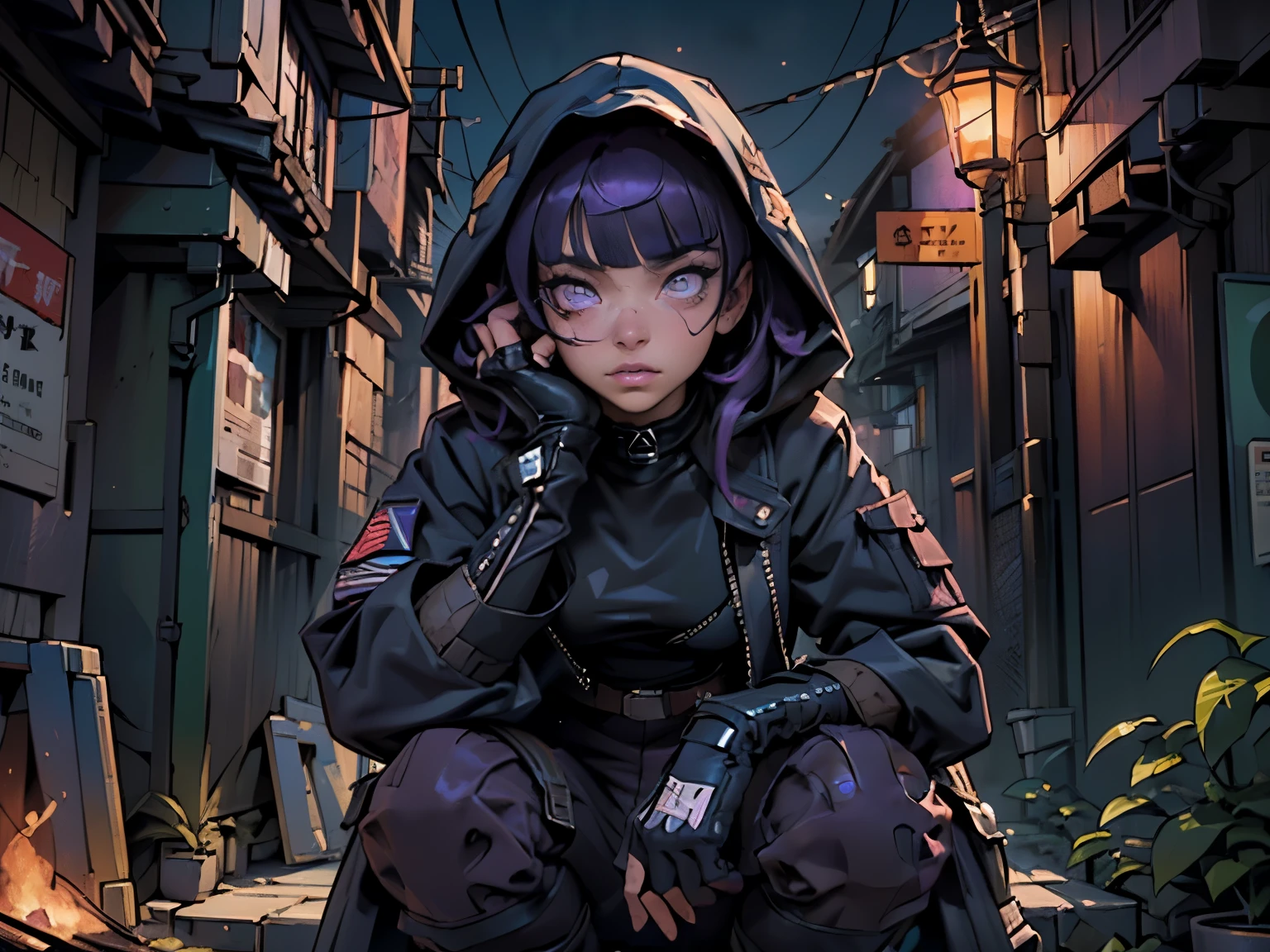 full body, 1girl、(Fluttering violet hair、beautiful dark-skinned Caribbean woman、A detailed face、Detailed facial contours、sharp outline、detailed purple eyes、Bright pupils、Gradient Eyes:1、finely detailed beautiful eye:1、Symmetrical eyes:1、big highlight on eyes:1.2)、Detailed hair strands、ripped muscular abdominals、breasts are very small in size、Glossy lips、Three-dimensional large round nose、Three-dimensional lips、(asymmetrical bangs、Long violet hair、disheveled hair)、(digital camouflage Army Pants、rebel Military、open wool-lined coat jacket with furry hood、tattered parka with bullet holes、hand gloves、Army Boots、Tactical Holster、HK mk.22、Holding a tarnished pistol)、(Fine fingers、detailed arms、detailed human hands)、(in 8K、top-quality、masterpiece、ighly detailed、 professional lighting、Near and far law、(lighting large pyre during sci-fi cannabis indica village plant festival)、(High dynamic range)、sharp focus:1。4、(Hyper-detailing、finedetail)、