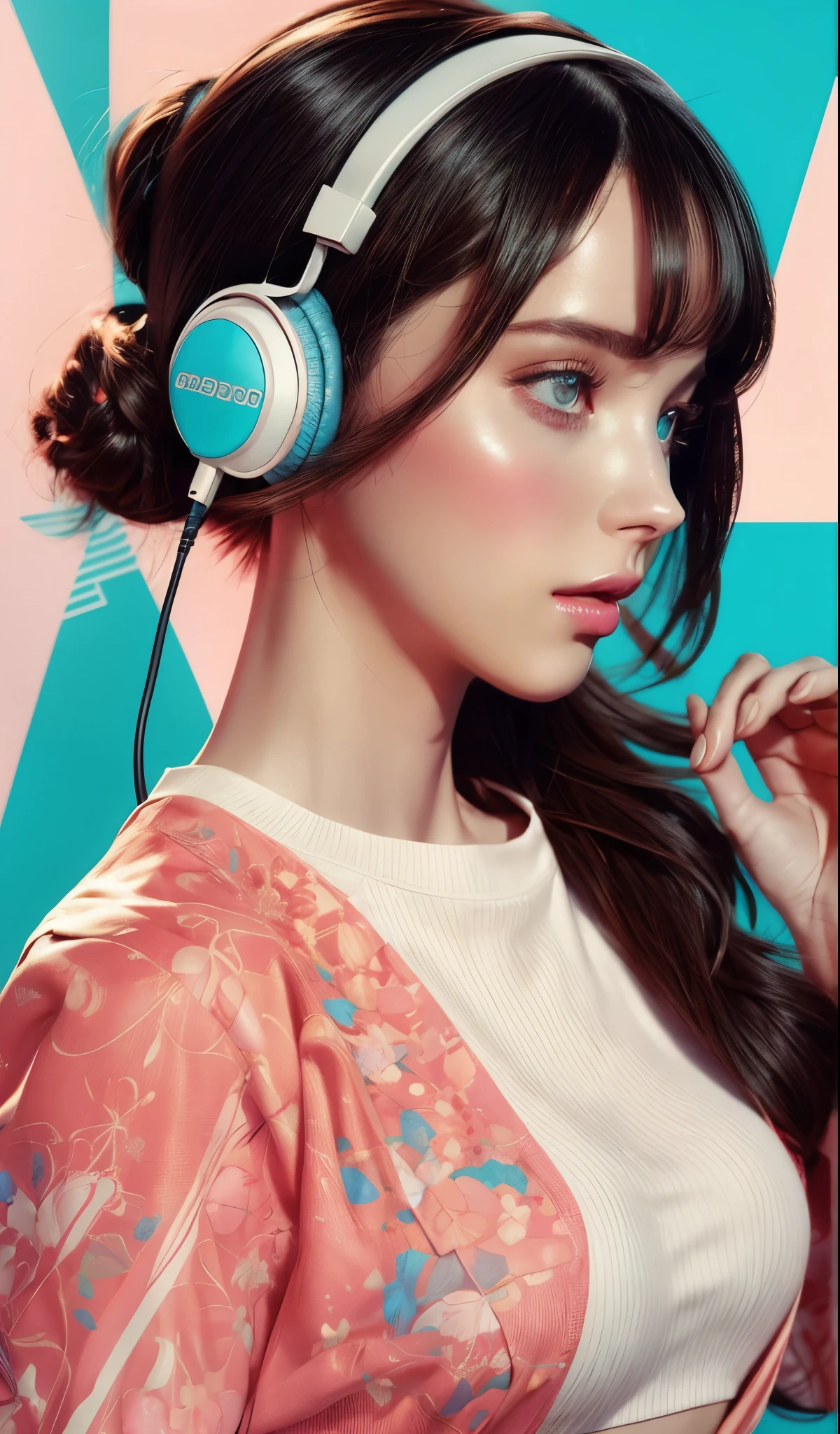 model girl wearing headphones, city background, intricate details, aesthetically pleasing pastel colors, poster background, art by conrad roset and ilya kuvshinov